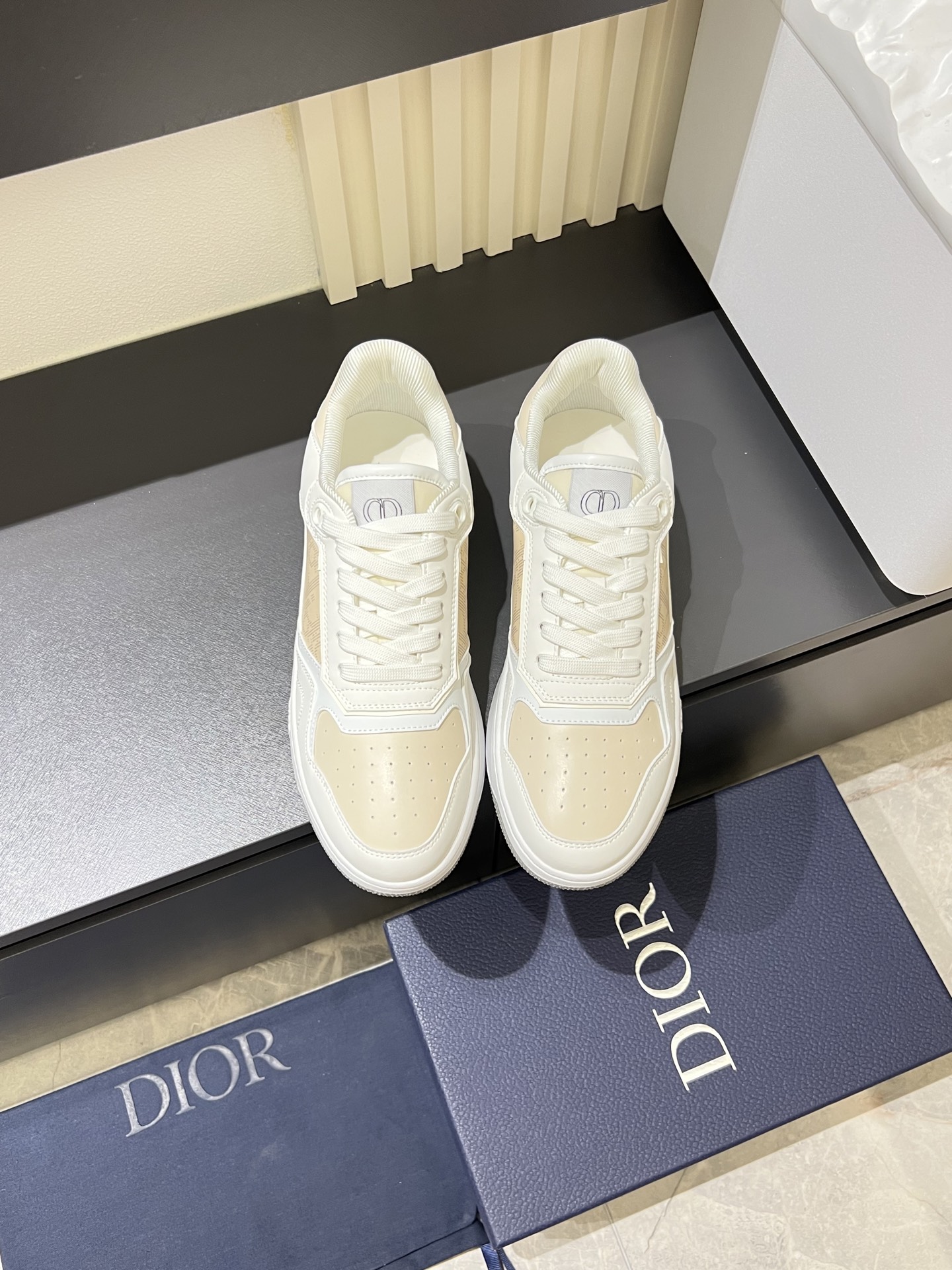 Dior B27 Low-Top Sneakers, Gray and White Calfskin, Oblique Print Inserts 1 Dior B27 Low-Top Sneakers, Gray and White Calfskin, Oblique Print Inserts