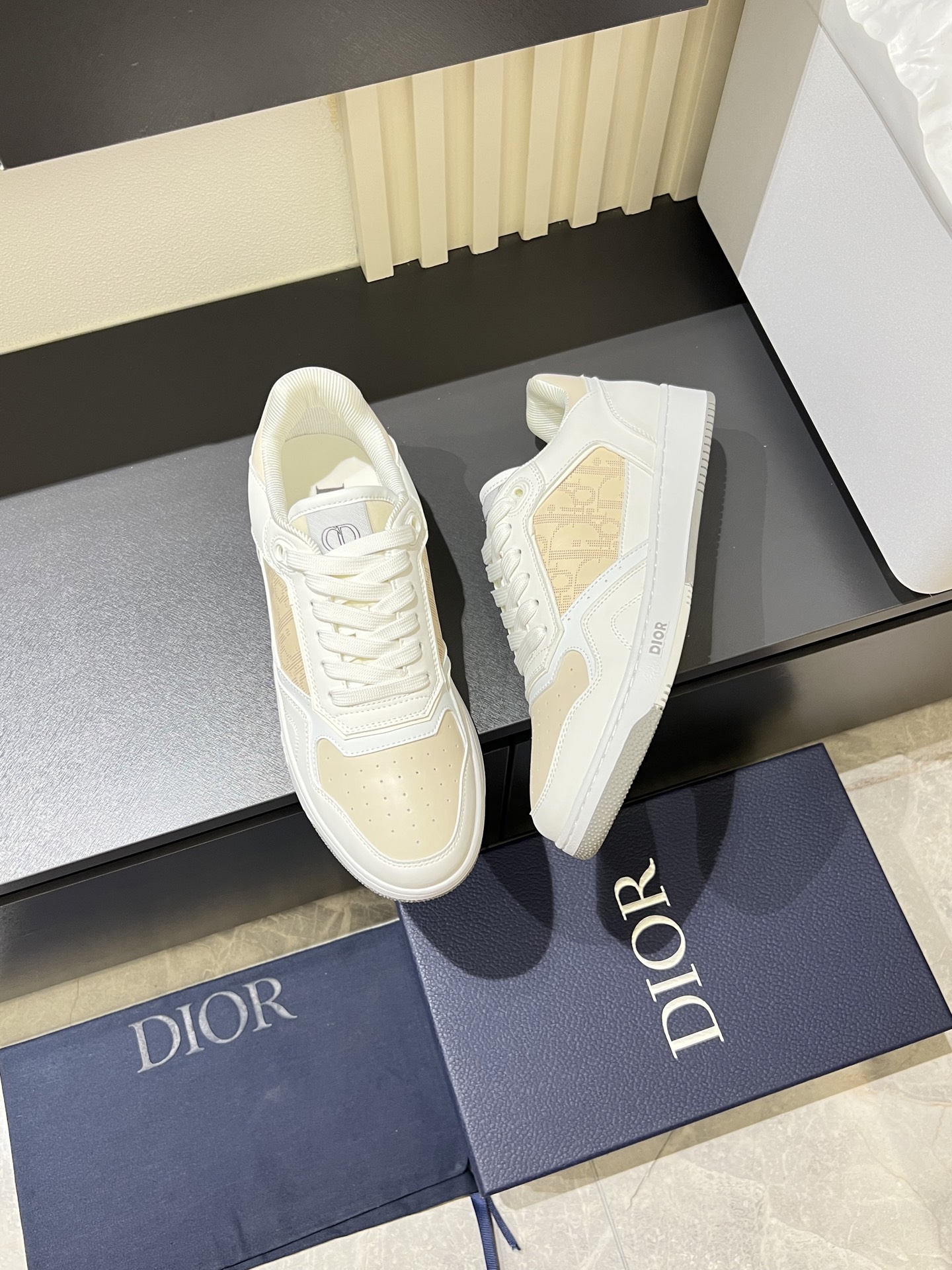 Dior B27 Low-Top Sneakers, Gray and White Calfskin, Oblique Print Inserts 5 i1745833306661 1312 0 8