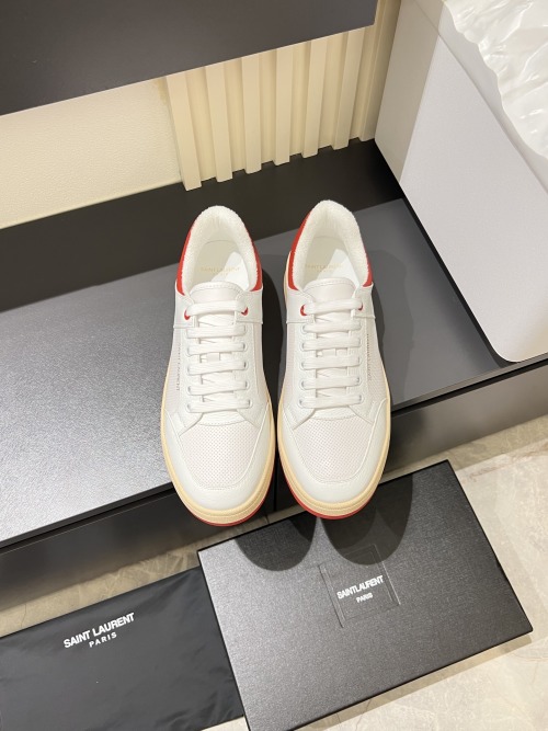 Yves Saint Laurent White Leather Sneakers with Red Trim - Luxury Designer Shoes 1 Yves Saint Laurent White Leather Sneakers with Red Trim - Luxury Designer Shoes