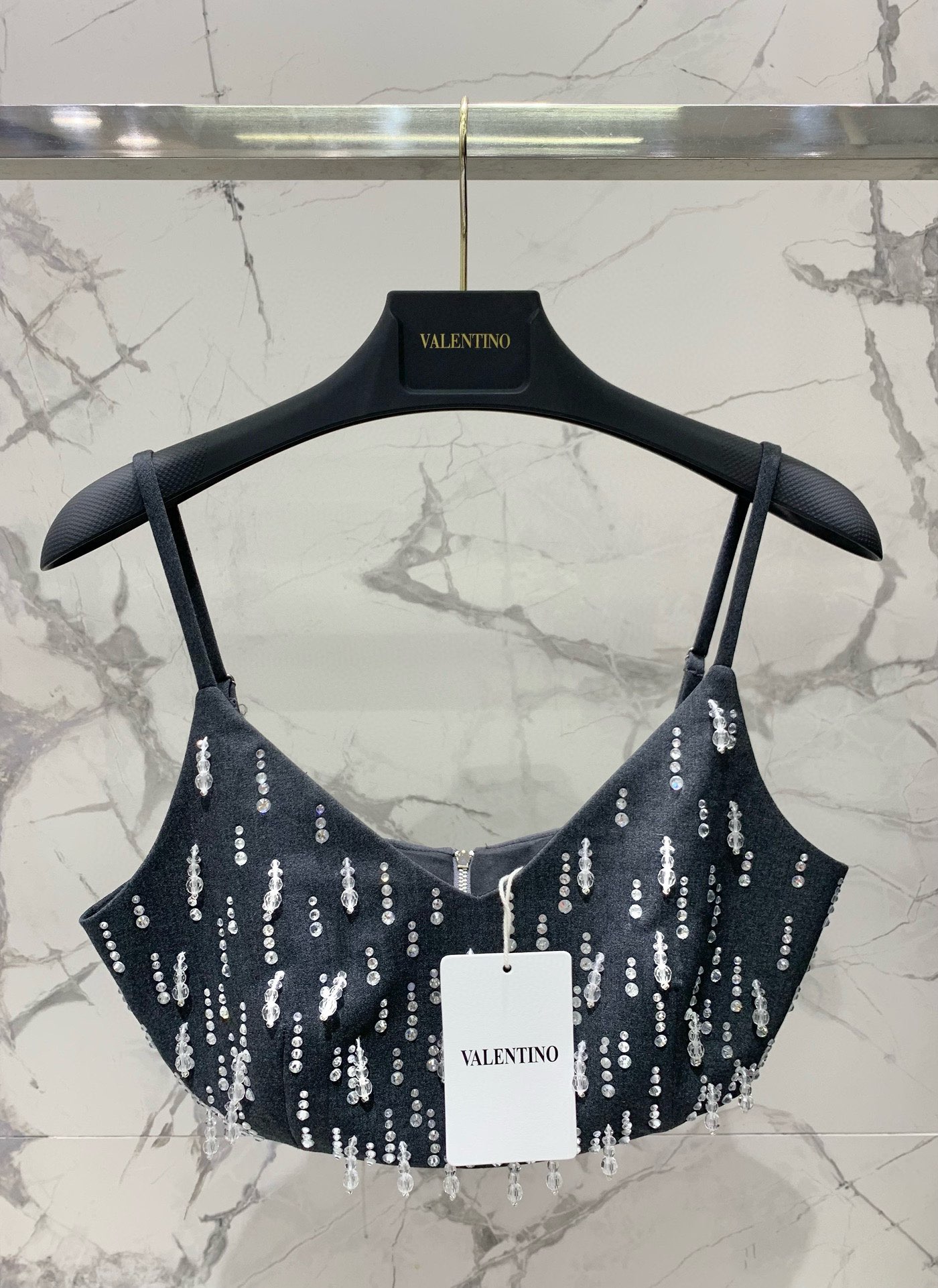 Elegant Gray Wool Blend Cami Top with Rhinestone Embellishments – Slim Fit