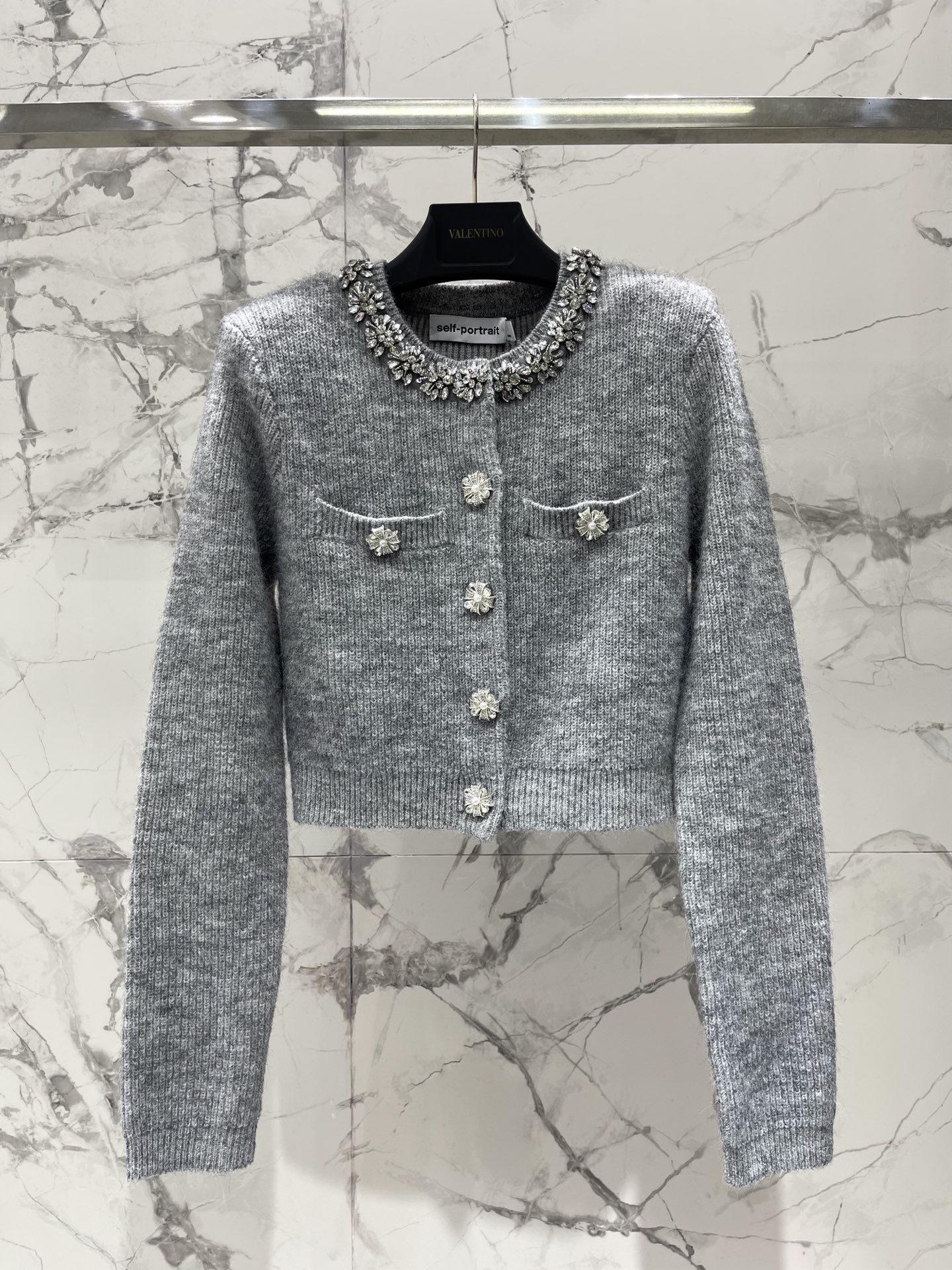 self-portrait Women 𝘀𝗲𝗹𝗳-𝗽𝗼𝗿𝘁𝗿𝗮𝗶* sp Autumn and winter New light gray diamond-embellished plush knitted suit