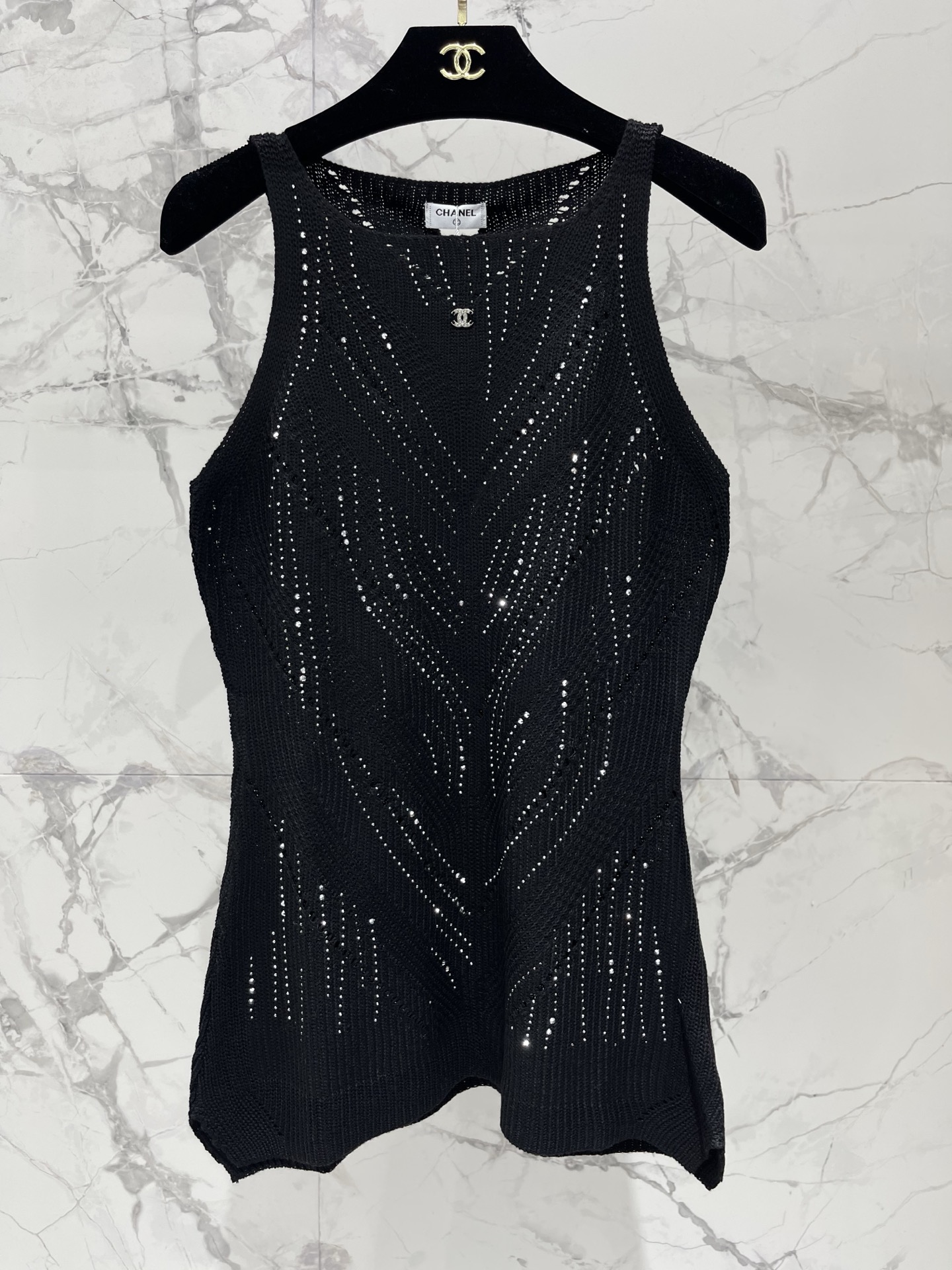 Chanel Rhinestone Openwork Knit Vest Tank Top