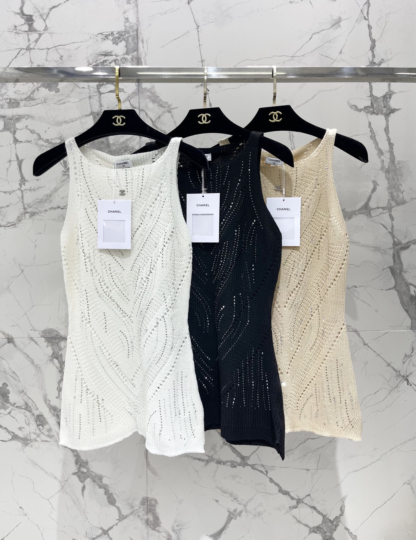 Chanel Rhinestone Openwork Knit Vest Tank Top