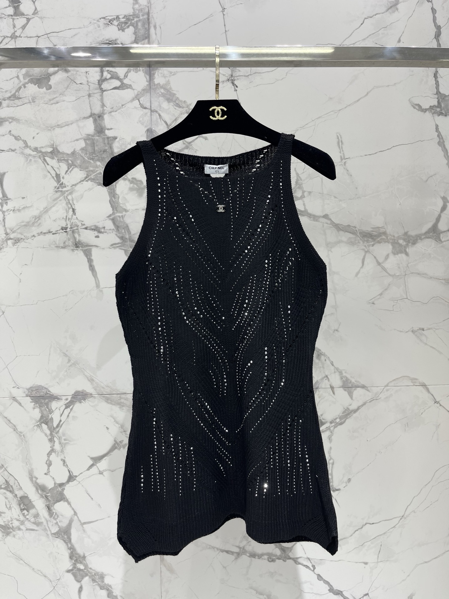 Chanel Rhinestone Openwork Knit Vest Tank Top