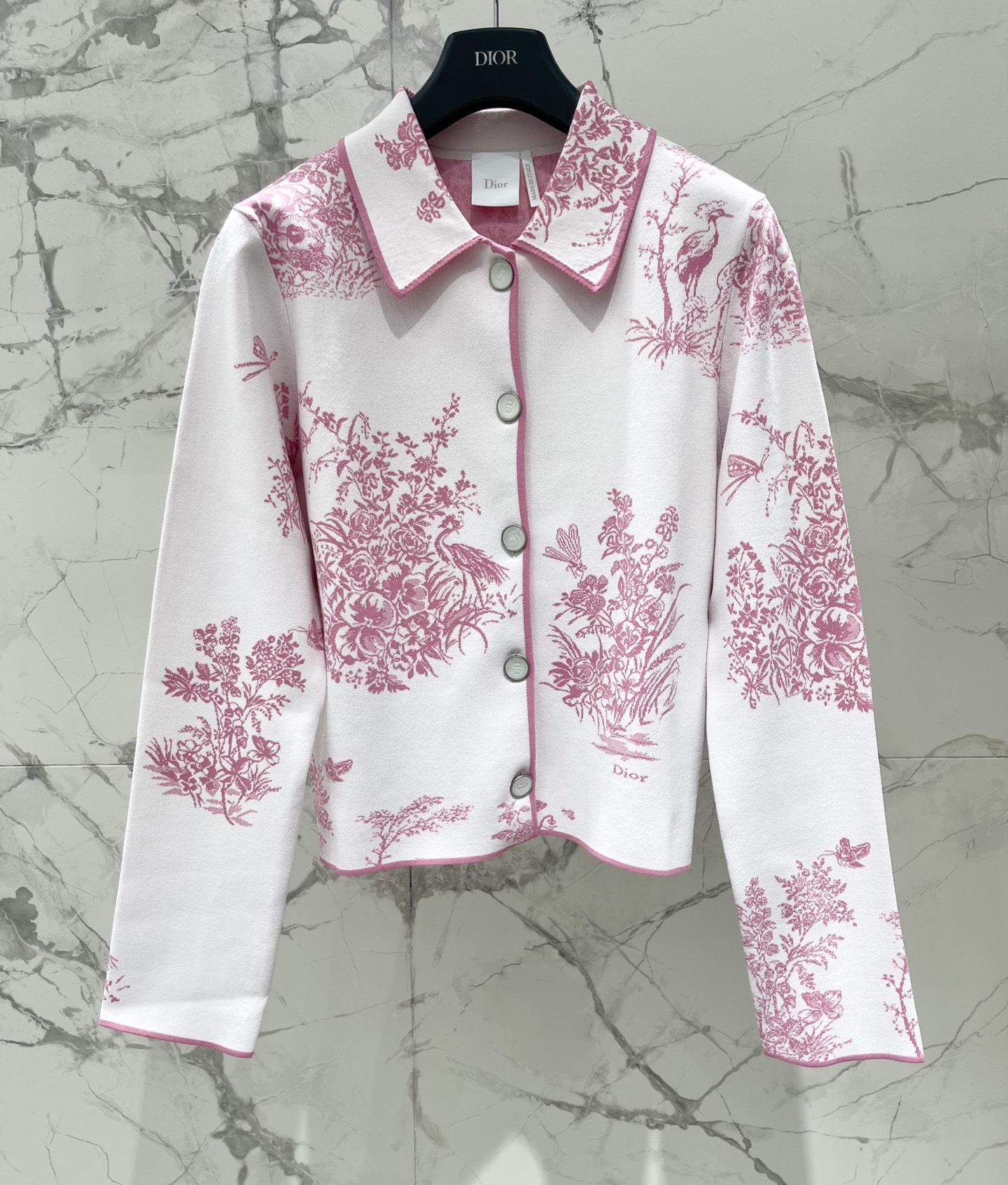 Dior White Pink Botanical Print Lapel Knit Jacket