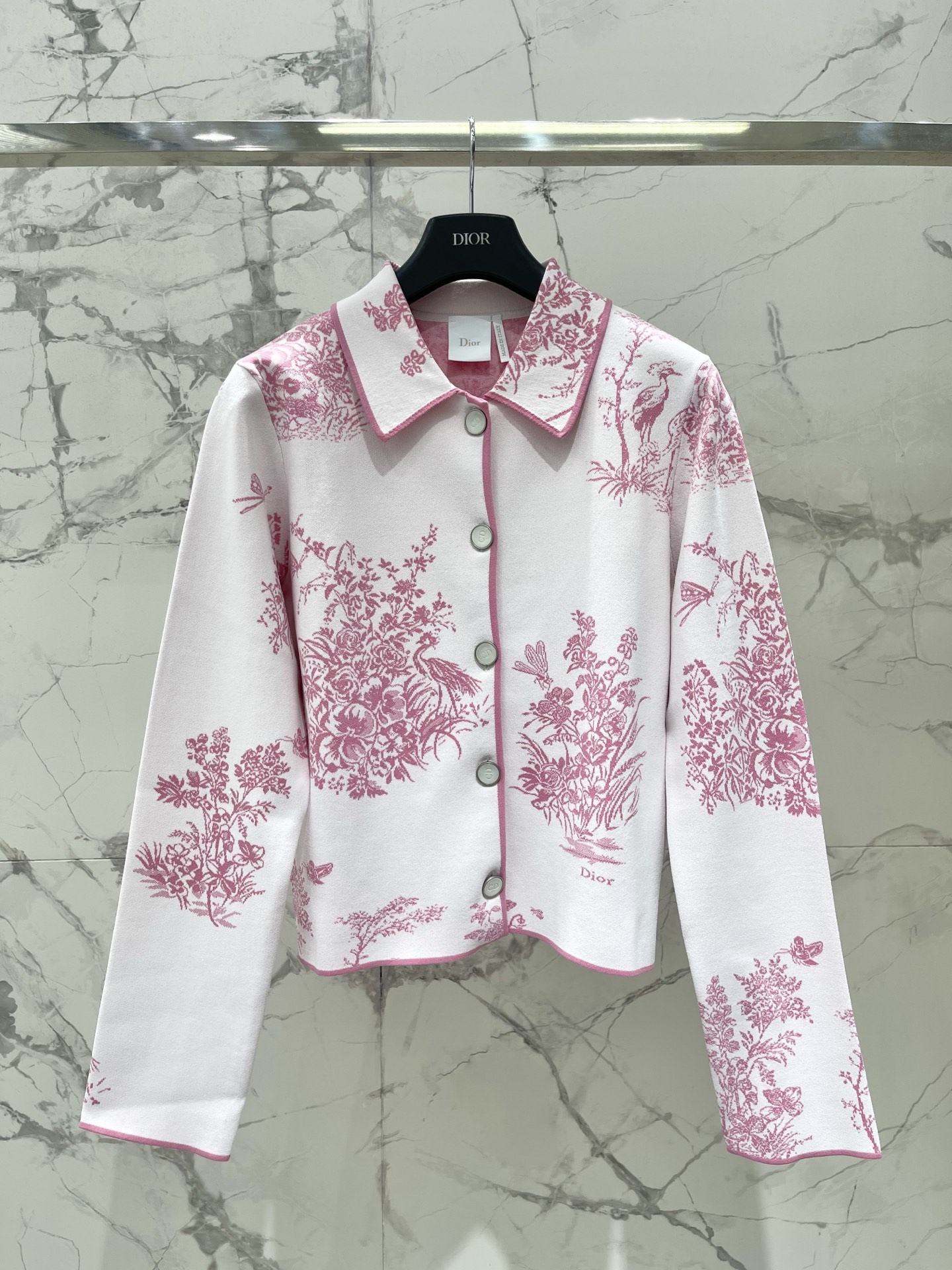 Dior White Pink Botanical Print Lapel Knit Jacket