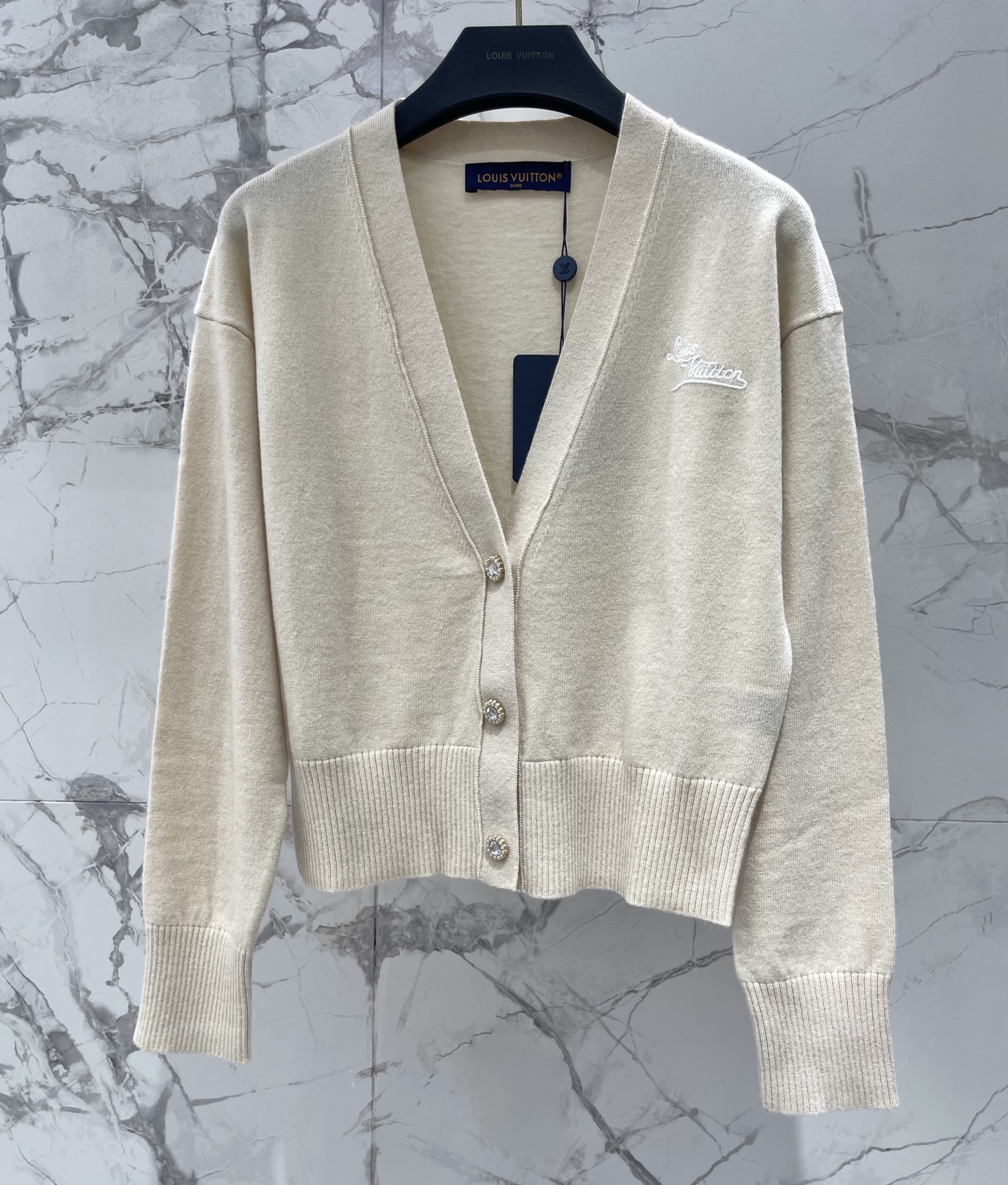 Louis Vuitton Embroidery Rhinestone Button Knit Ca