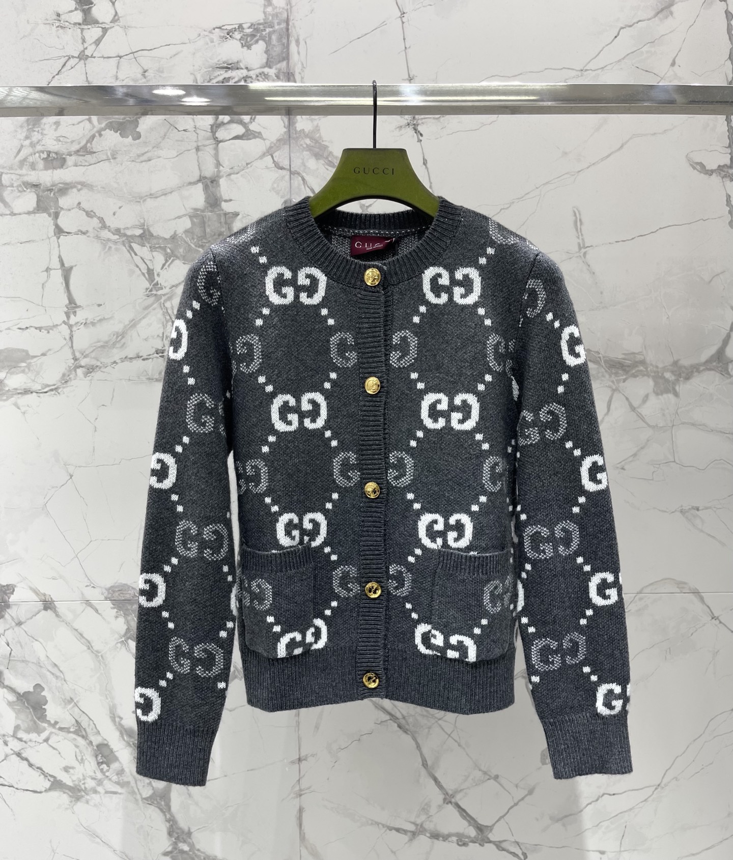 Gucci Gray Monogram Polo Cardigan