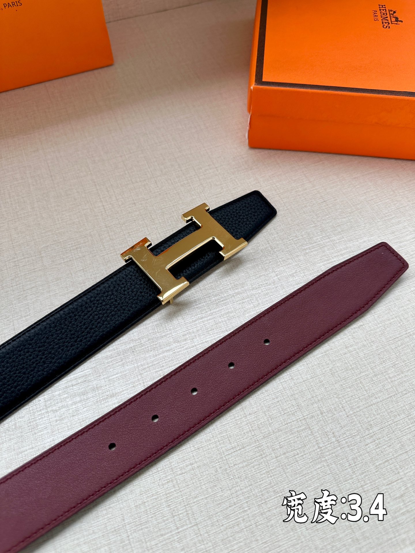 Hermès爱马仕皮带原单品质单面荔枝纹34mm宽双面可用配官网H亮光扣