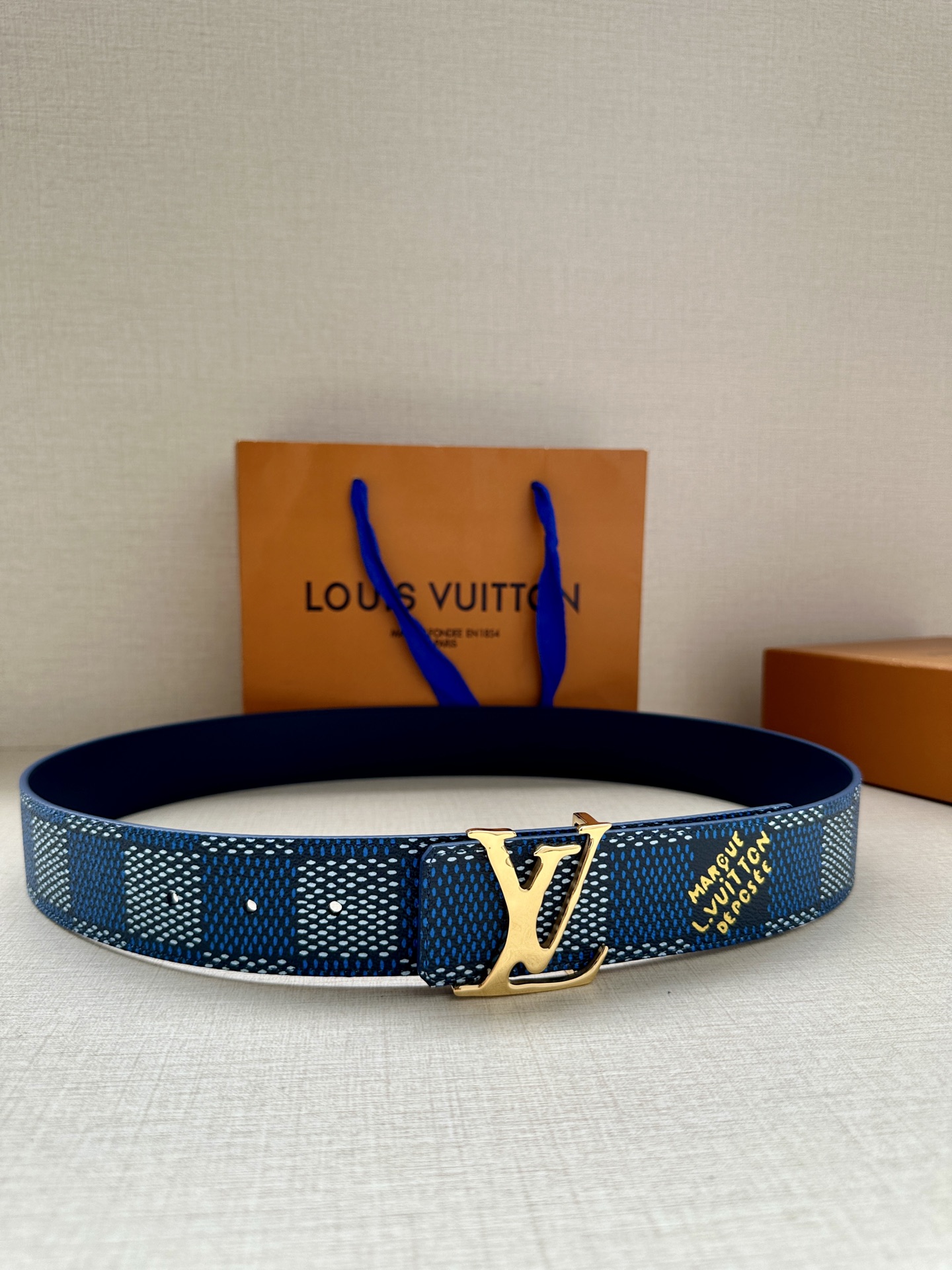 Louis Vuitton Initials Reversible Damier Belt - Blue & Gold Buckle