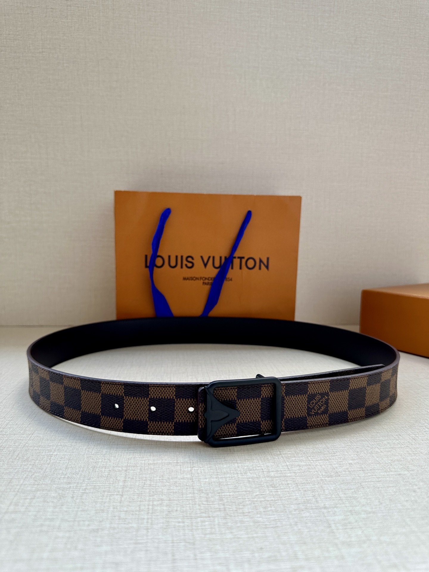 Louis Vuitton Initiales 3.4cm Brede Riem - Damier Ebene Canvas