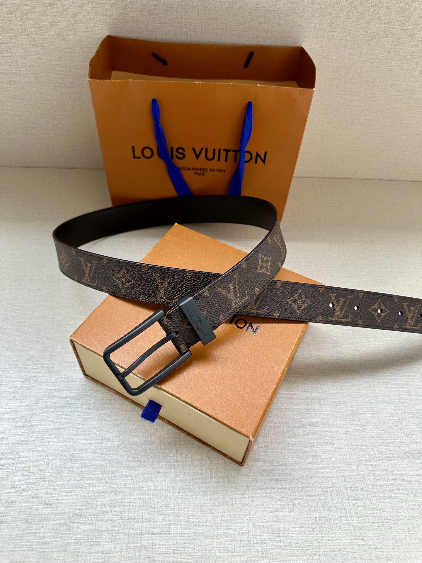 3.4宽 Saint Germain 腰带为 Monogram Eclipse 帆布搭配金属圈，将融入 