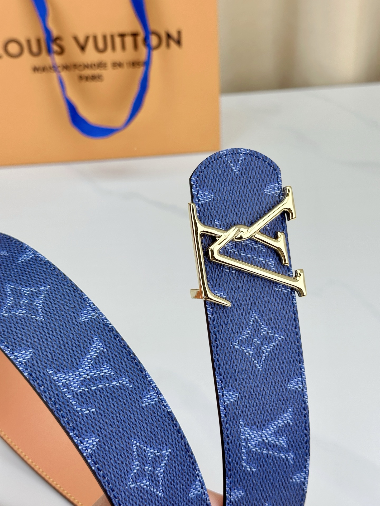 LV 4 0宽版皮带 蓝色老花涂层帆布 4 0cm宽版设计
