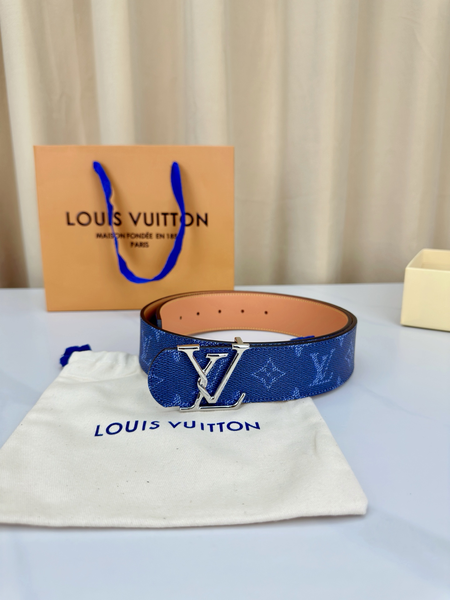LV 4 0宽版皮带 蓝色老花涂层帆布 4 0cm宽版设计