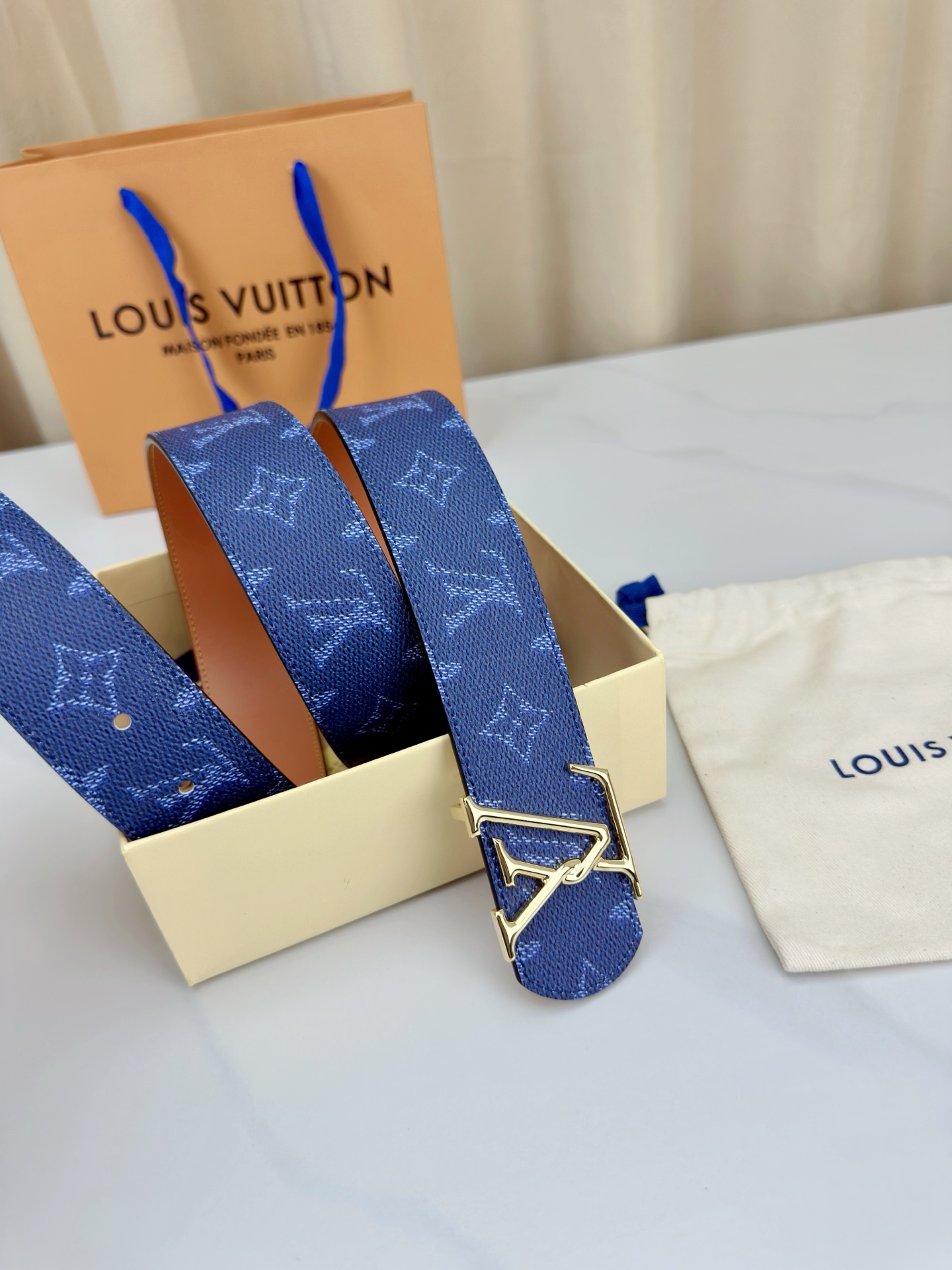 LV 4 0宽版皮带 蓝色老花涂层帆布 4 0cm宽版设计