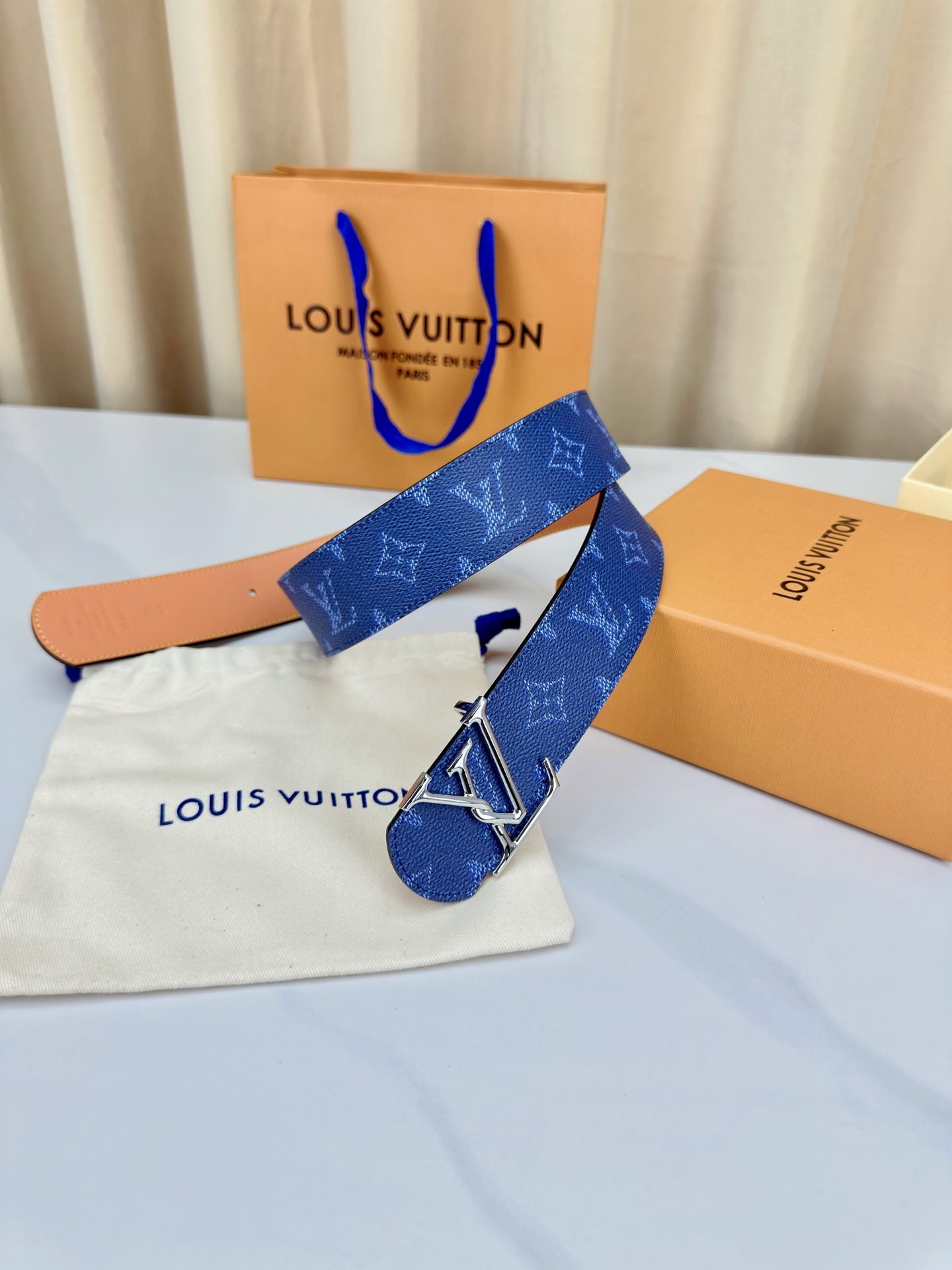 LV 4 0宽版皮带 蓝色老花涂层帆布 4 0cm宽版设计