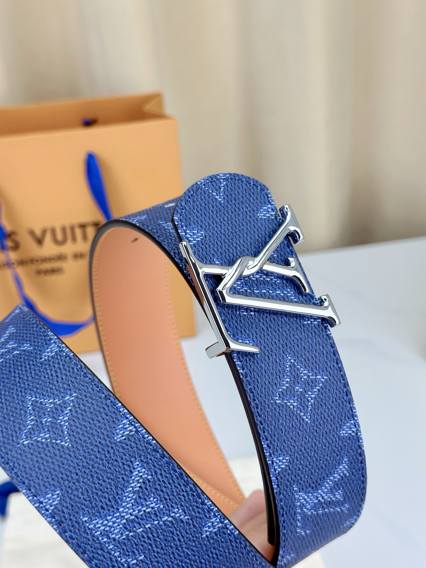LV 4 0宽版皮带 蓝色老花涂层帆布 4 0cm宽版设计