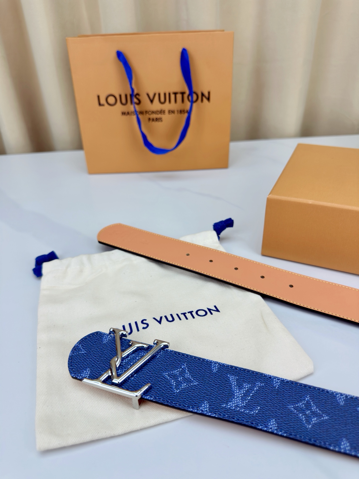 LV 4 0宽版皮带 蓝色老花涂层帆布 4 0cm宽版设计