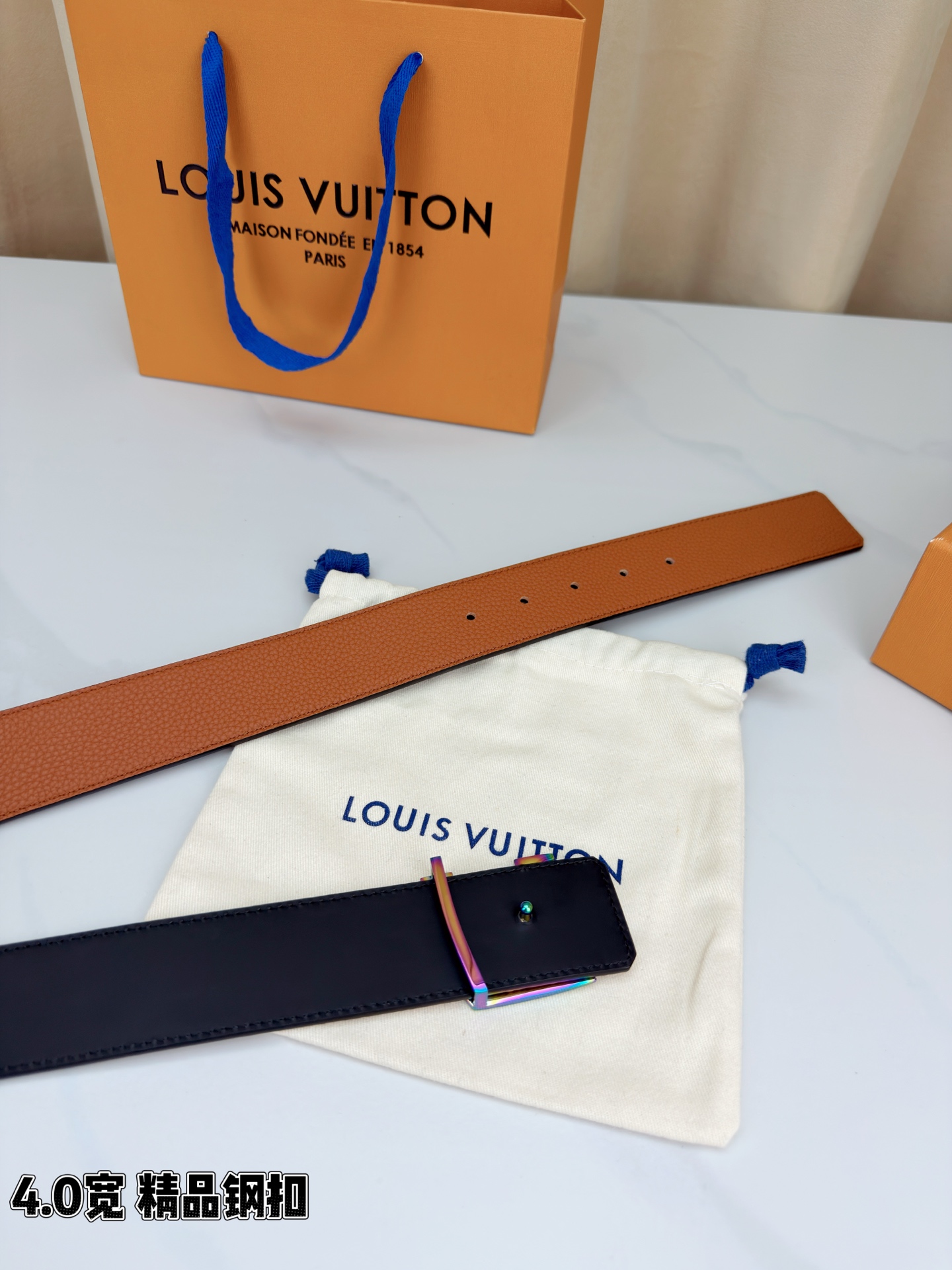 4.0宽精品钢扣 LV双面腰带 奢华质感即刻拥有 荔枝纹皮革温润高级 精品烤漆钢扣