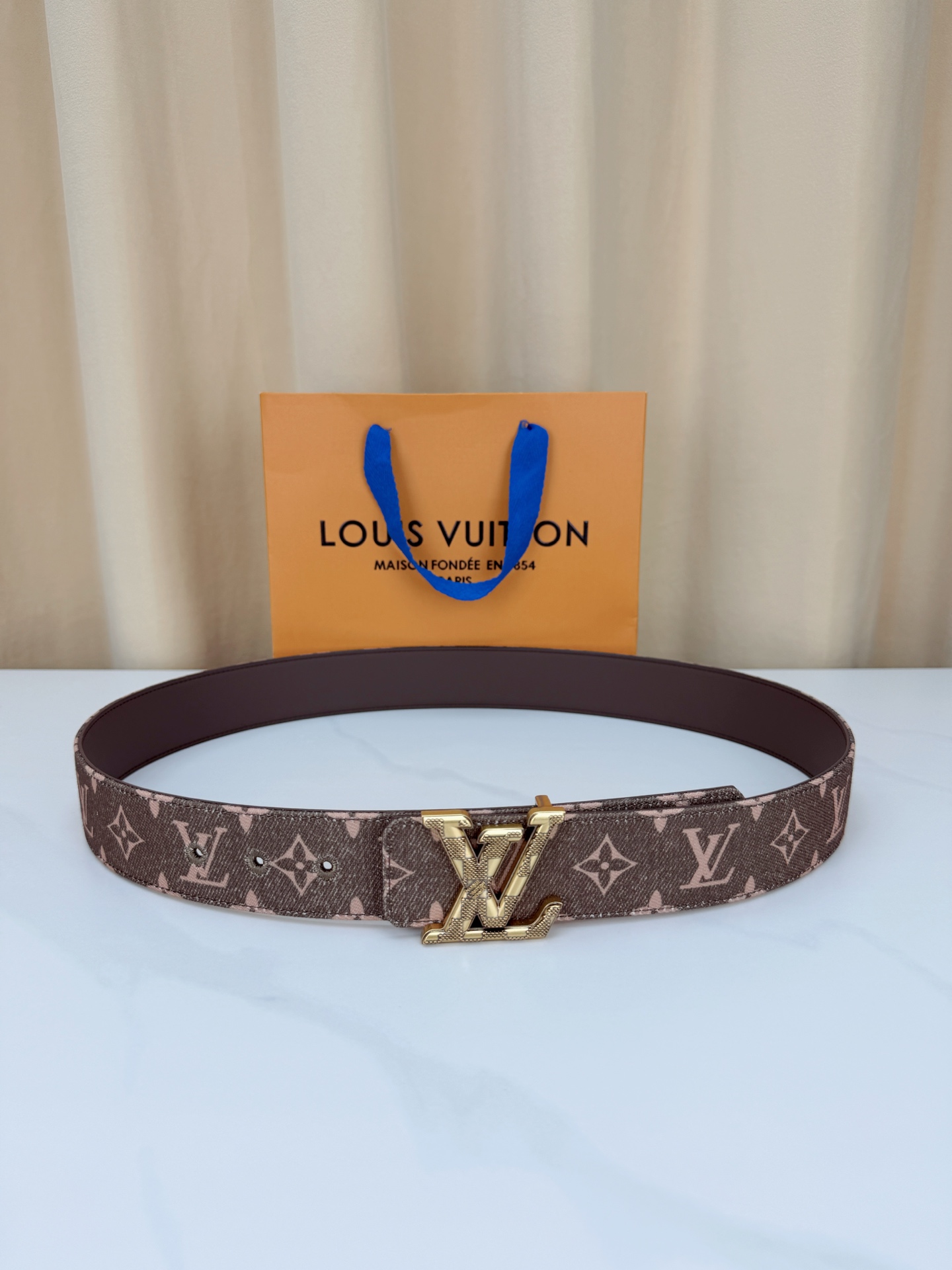 LV 4.0宽精品扣 粉棕丹宁老花腰带，Monogram牛仔提花复古温柔，立体LV字母扣哑黑/银/金/古铜/古金五色可选
