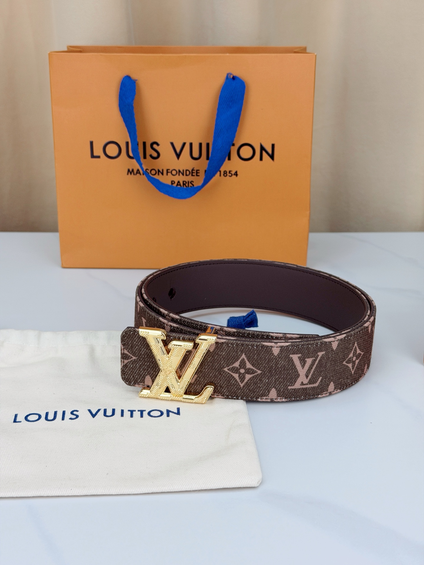 LV 4.0宽精品扣 粉棕丹宁老花腰带，Monogram牛仔提花复古温柔，立体LV字母扣哑黑/银/金/古铜/古金五色可选
