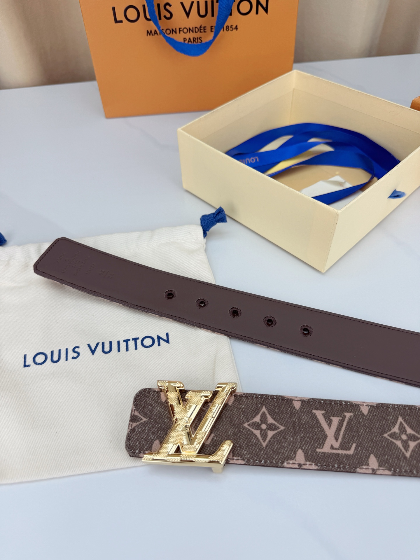 LV 4.0宽精品扣 粉棕丹宁老花腰带，Monogram牛仔提花复古温柔，立体LV字母扣哑黑/银/金/古铜/古金五色可选