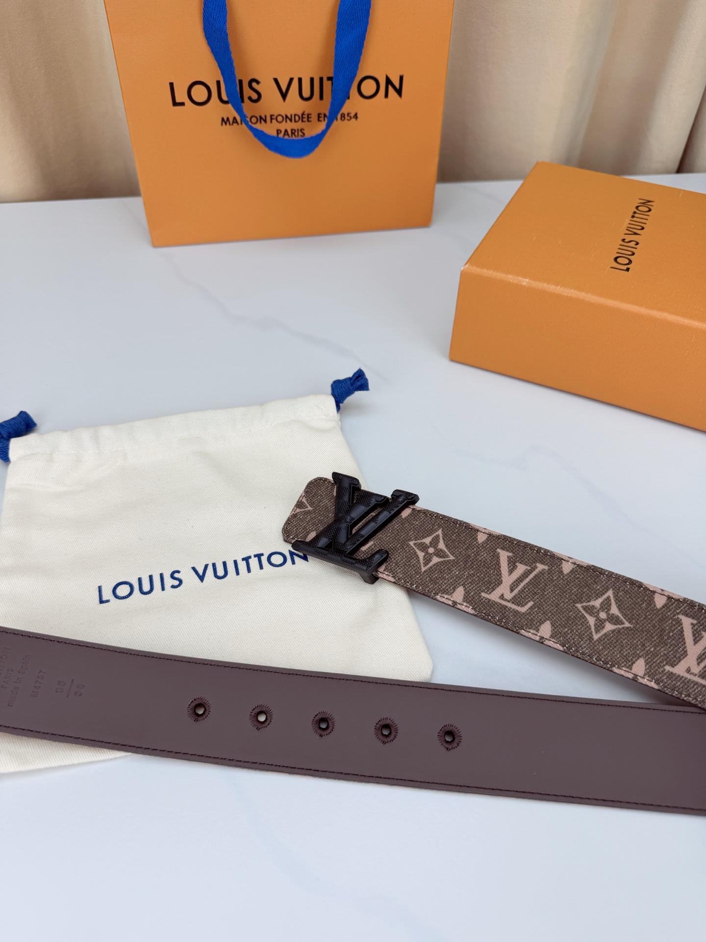 LV 4.0宽精品扣 粉棕丹宁老花腰带，Monogram牛仔提花复古温柔，立体LV字母扣哑黑/银/金/古铜/古金五色可选