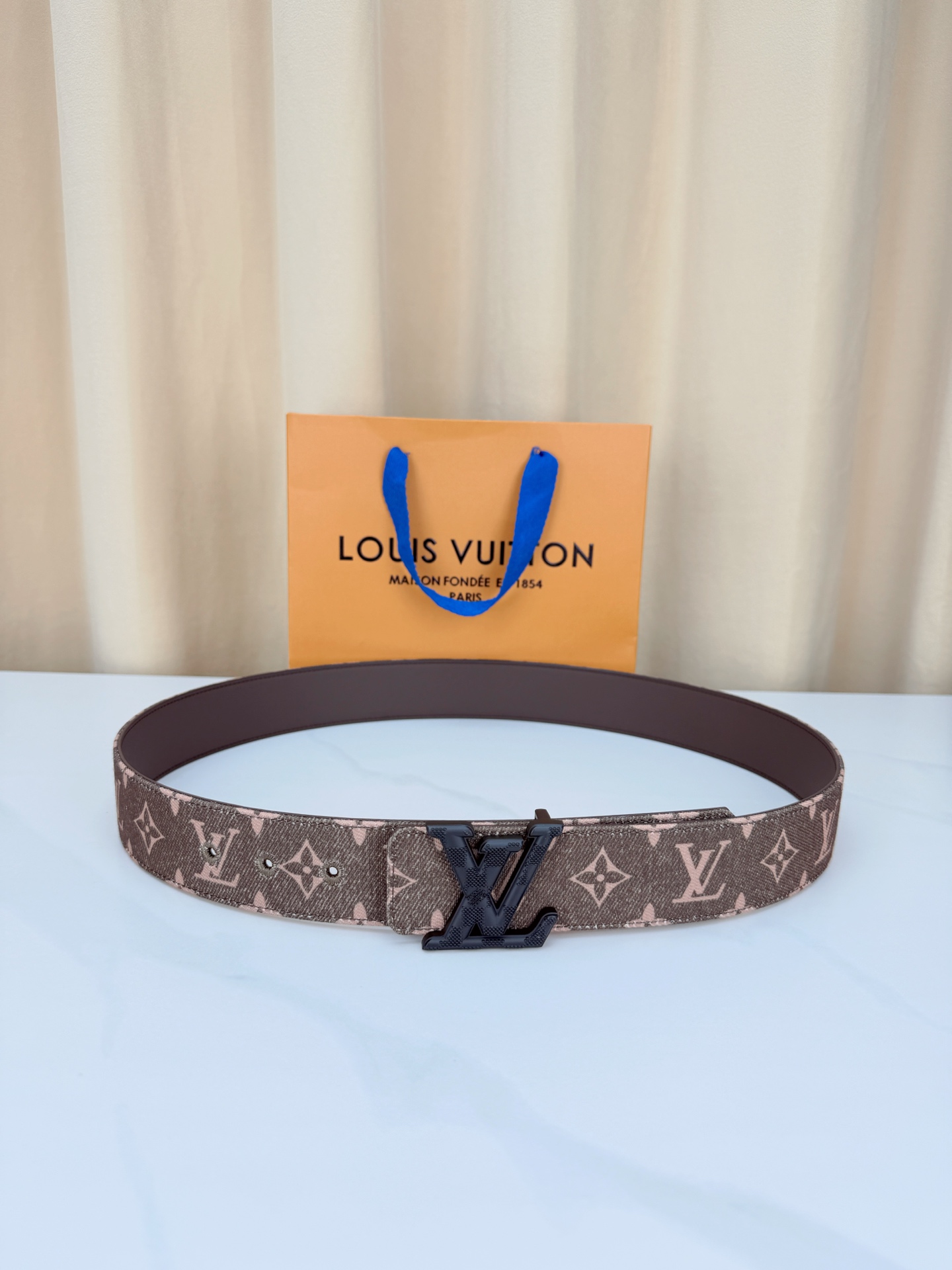 LV 4.0宽精品扣 粉棕丹宁老花腰带，Monogram牛仔提花复古温柔，立体LV字母扣哑黑/银/金/古铜/古金五色可选
