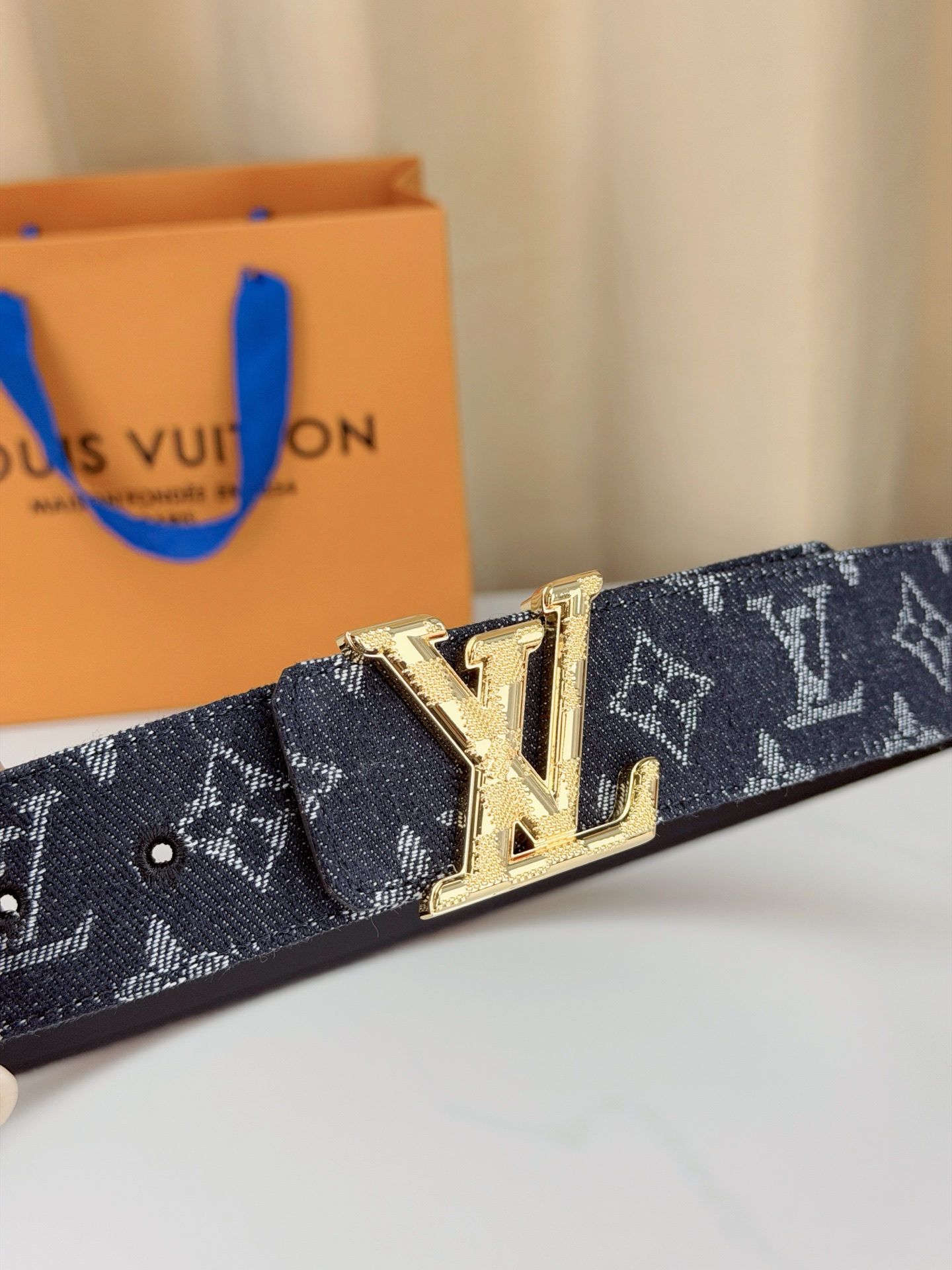 LV 4.0宽精品扣 黑丹宁老花腰带，深藏青Monogram牛仔提花复古有型，立体LV字母扣古铜/古白/银/金/哑黑五色