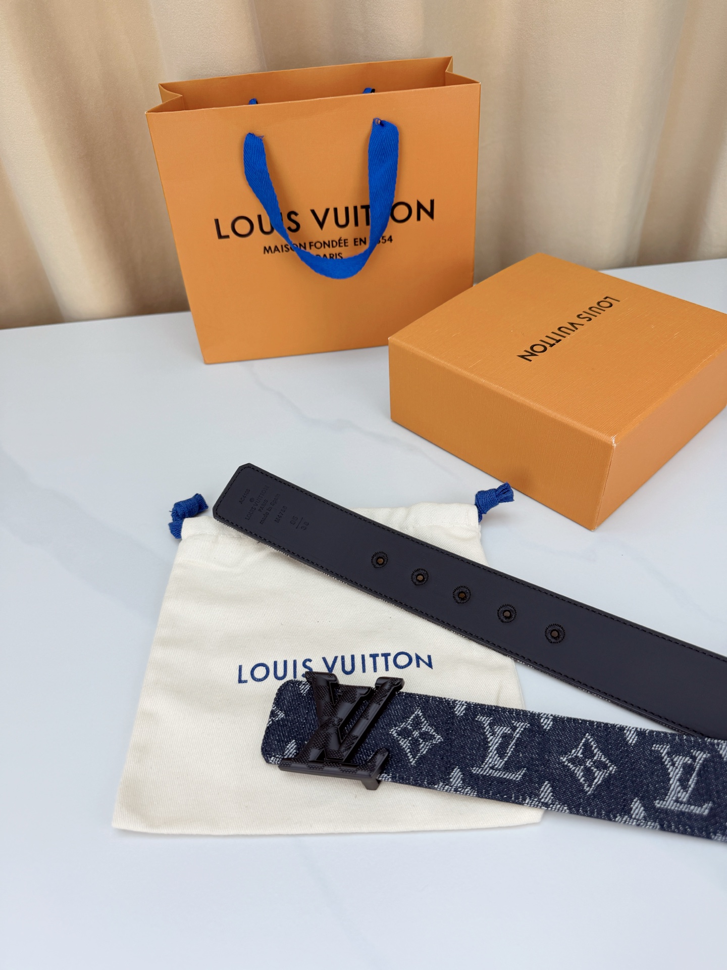 LV 4.0宽精品扣 黑丹宁老花腰带，深藏青Monogram牛仔提花复古有型，立体LV字母扣古铜/古白/银/金/哑黑五色