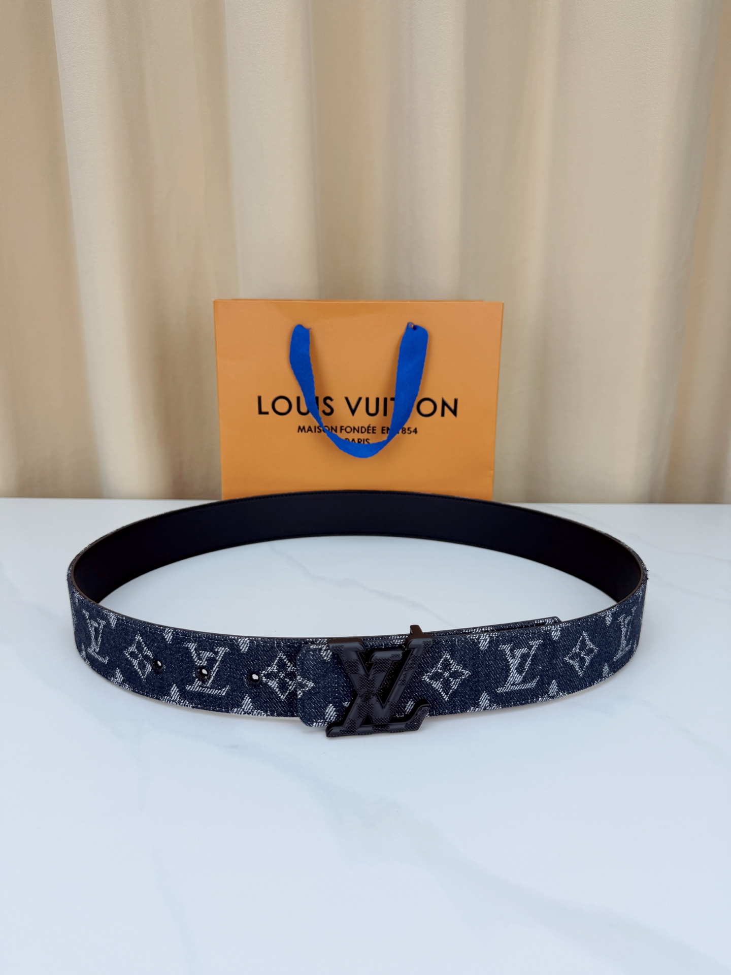 LV 4.0宽精品扣 黑丹宁老花腰带，深藏青Monogram牛仔提花复古有型，立体LV字母扣古铜/古白/银/金/哑黑五色