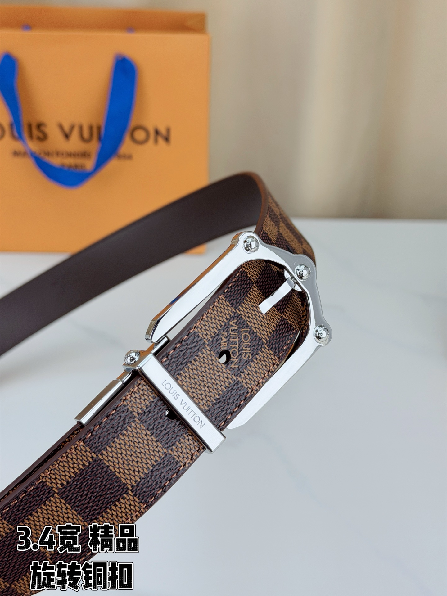 LV 3.4宽精品旋转铜扣腰带，棕棋盘格涂层帆布，复古格纹经典耐看；铆钉马蹄针扣金/银/古白/古金四色色可选，可旋转双面