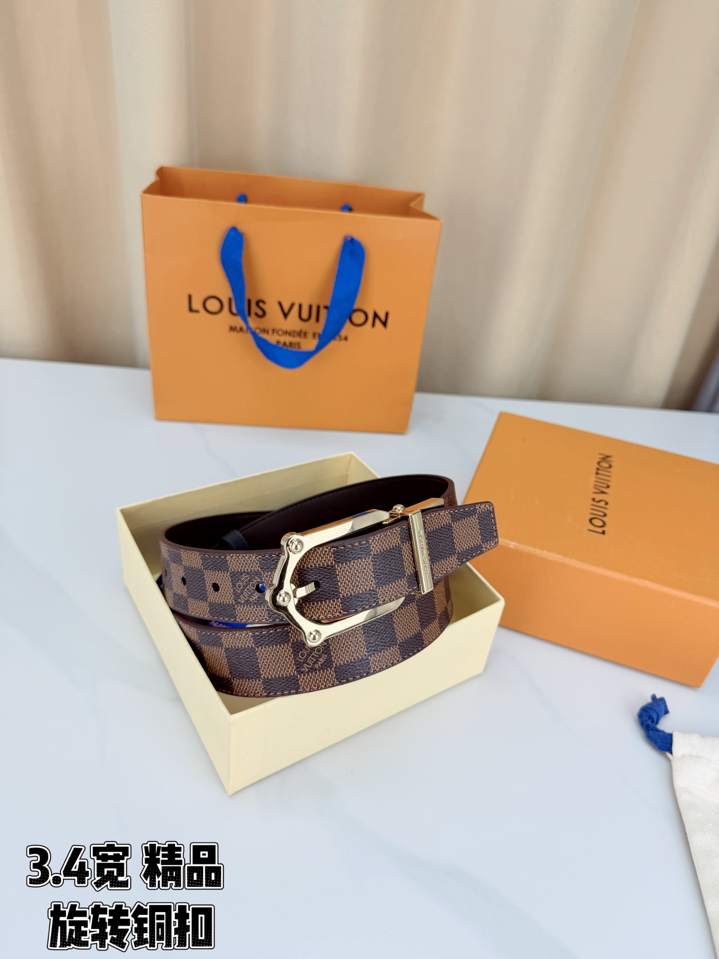 LV 3.4宽精品旋转铜扣腰带，棕棋盘格涂层帆布，复古格纹经典耐看；铆钉马蹄针扣金/银/古白/古金四色色可选，可旋转双面