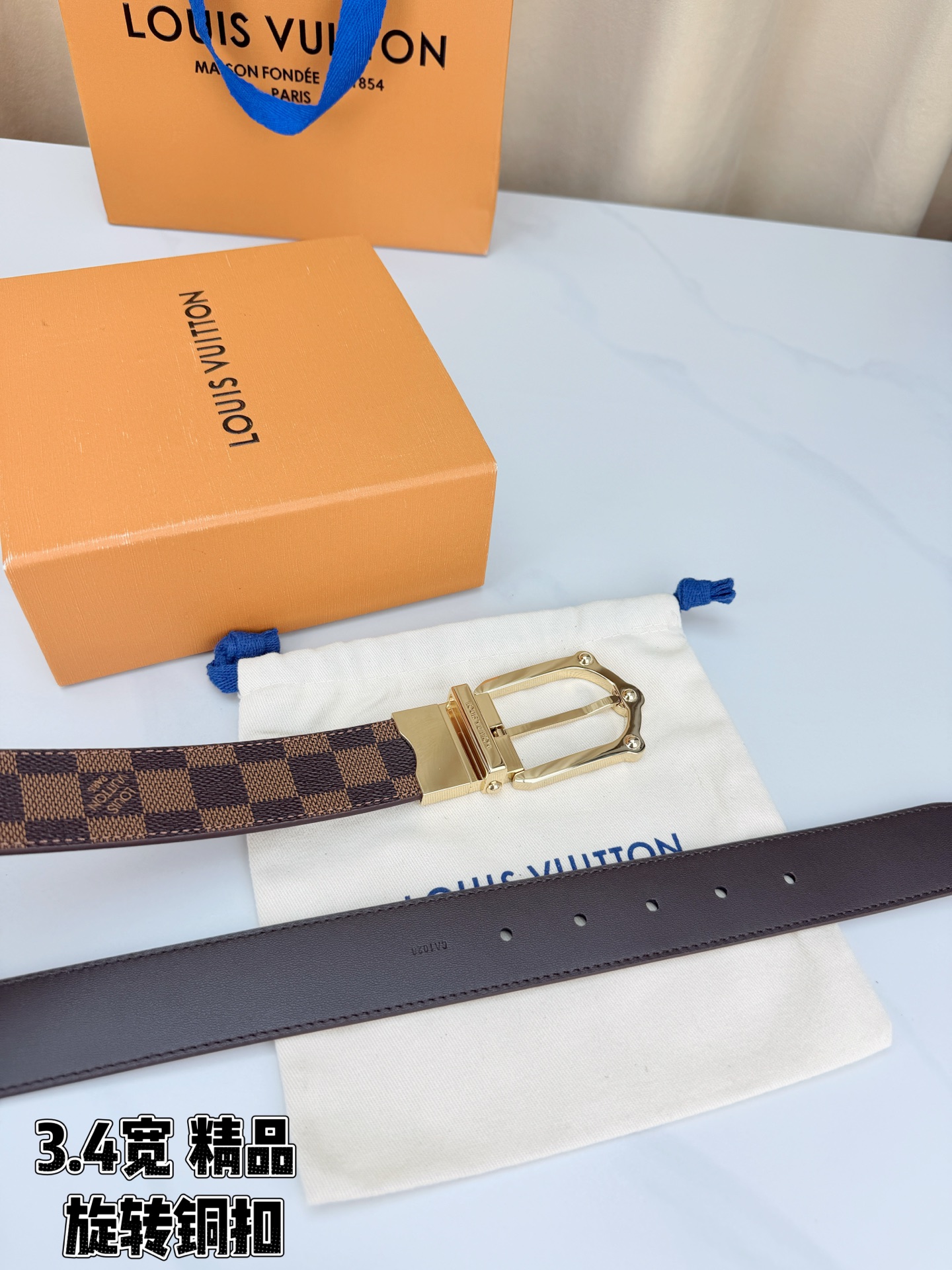 LV 3.4宽精品旋转铜扣腰带，棕棋盘格涂层帆布，复古格纹经典耐看；铆钉马蹄针扣金/银/古白/古金四色色可选，可旋转双面