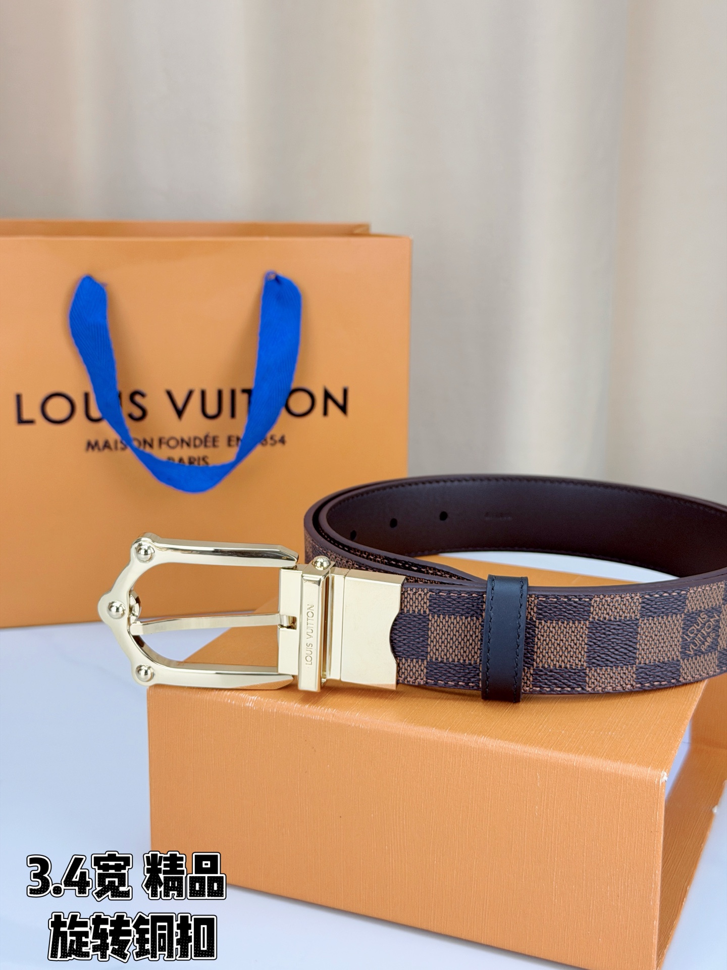 LV 3.4宽精品旋转铜扣腰带，棕棋盘格涂层帆布，复古格纹经典耐看；铆钉马蹄针扣金/银/古白/古金四色色可选，可旋转双面