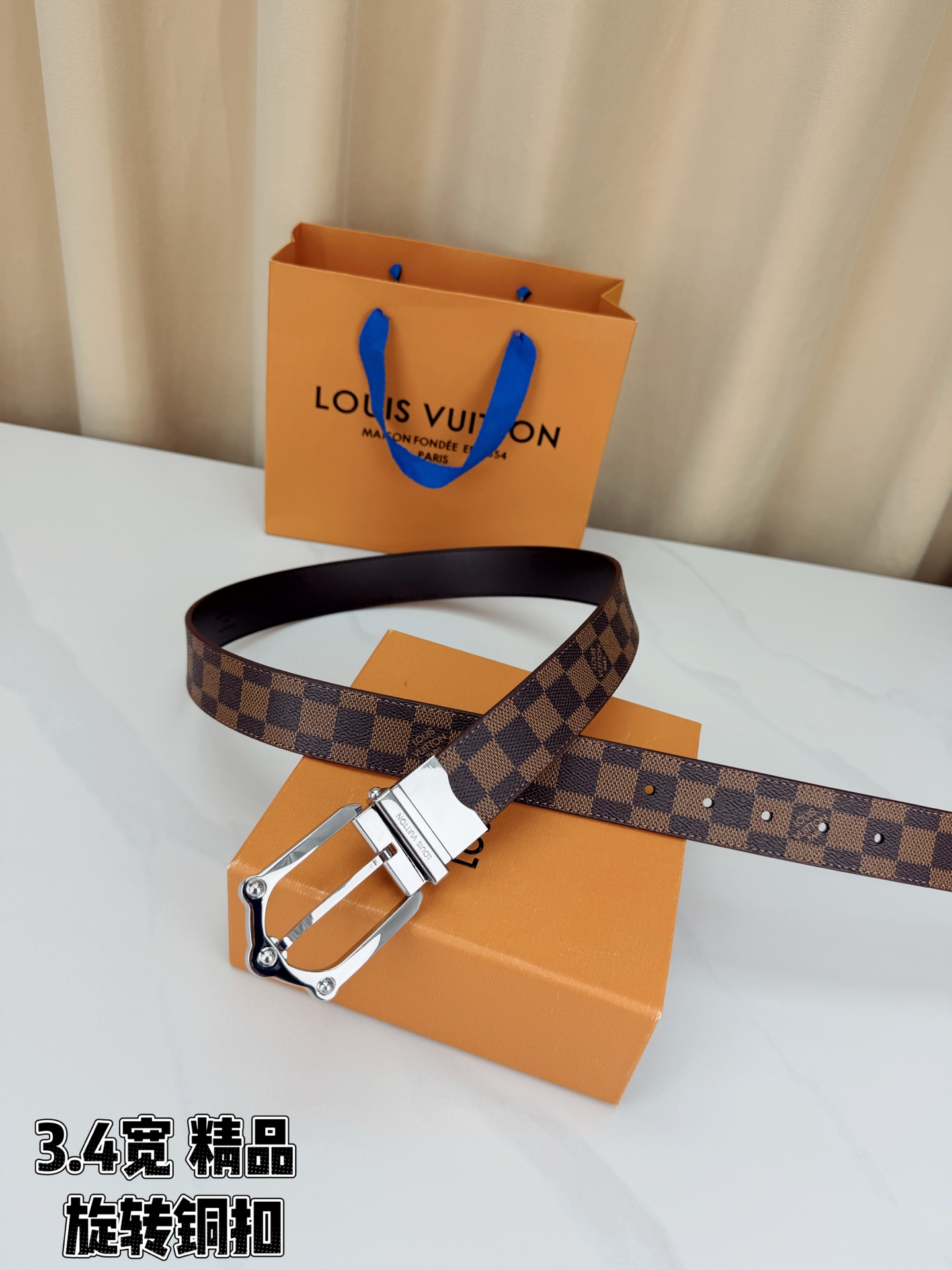 LV 3.4宽精品旋转铜扣腰带，棕棋盘格涂层帆布，复古格纹经典耐看；铆钉马蹄针扣金/银/古白/古金四色色可选，可旋转双面