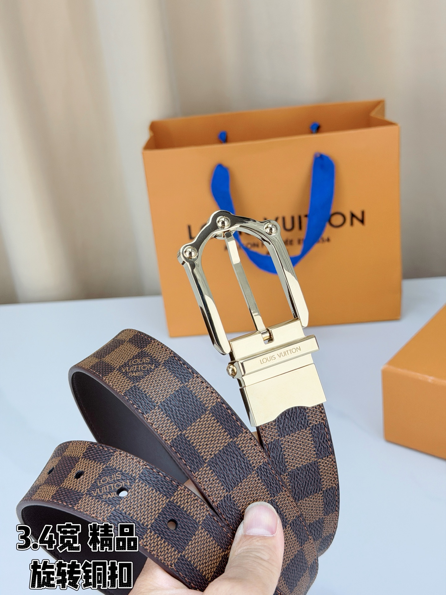 LV 3.4宽精品旋转铜扣腰带，棕棋盘格涂层帆布，复古格纹经典耐看；铆钉马蹄针扣金/银/古白/古金四色色可选，可旋转双面