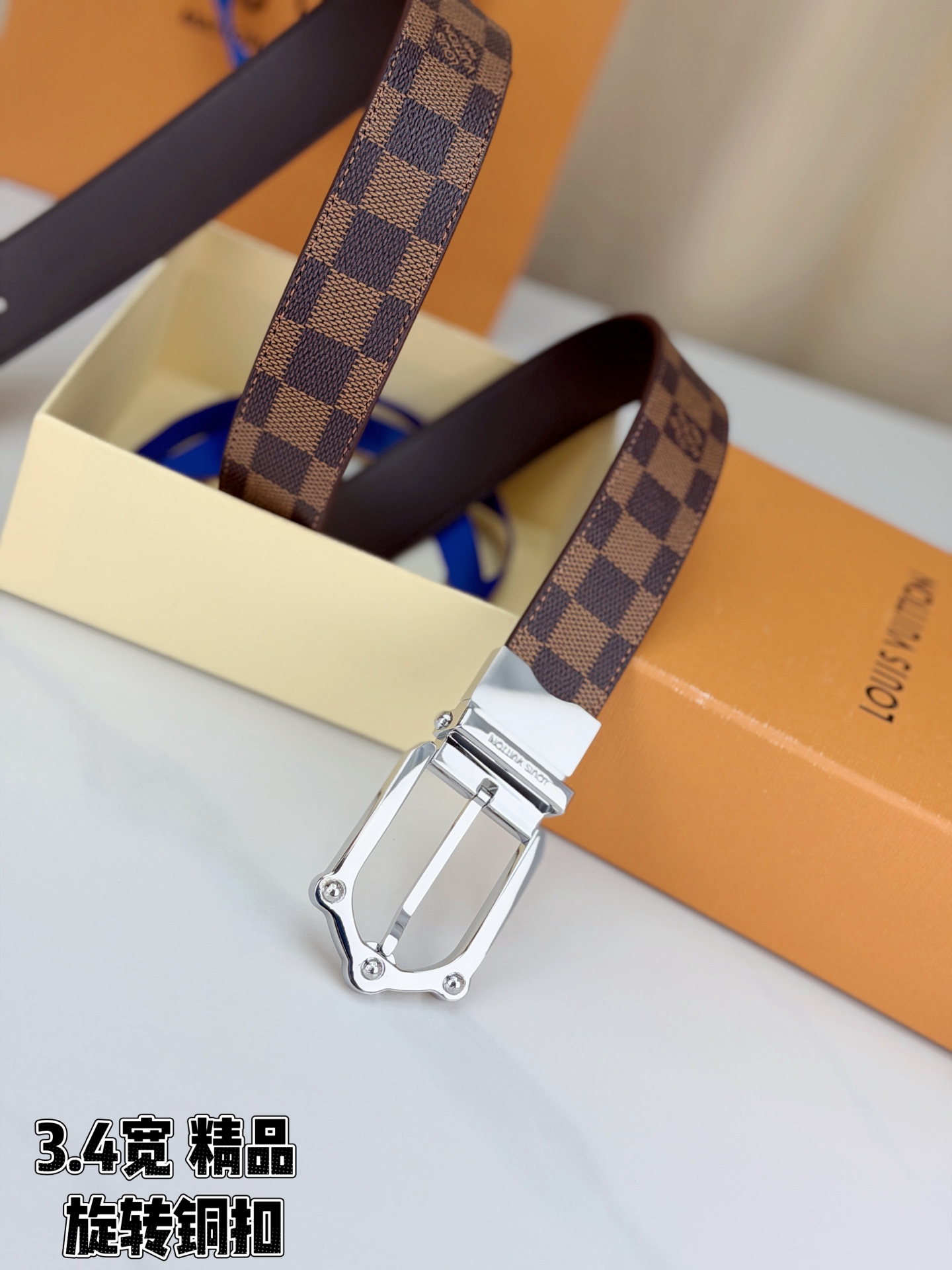 LV 3.4宽精品旋转铜扣腰带，棕棋盘格涂层帆布，复古格纹经典耐看；铆钉马蹄针扣金/银/古白/古金四色色可选，可旋转双面