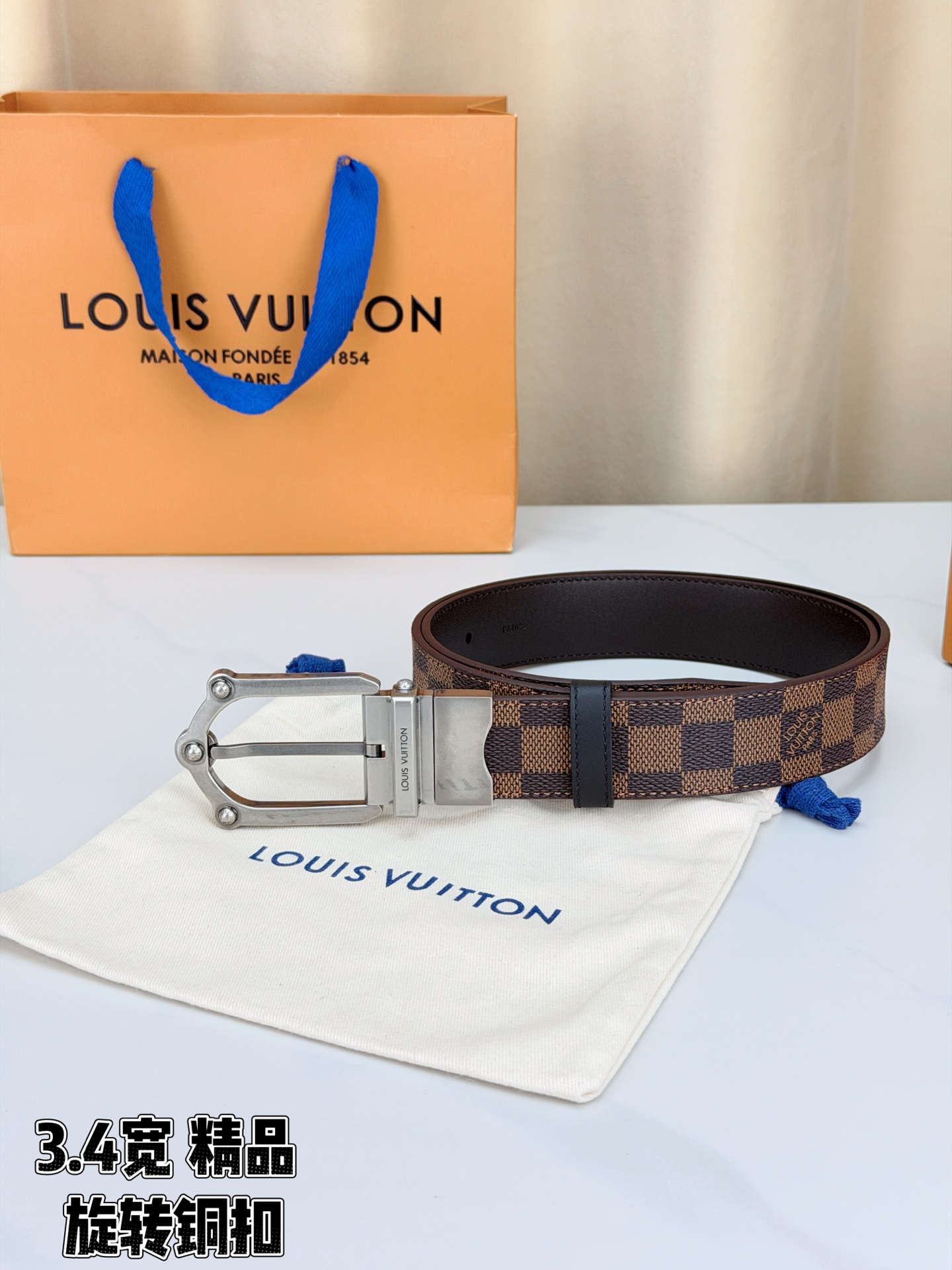LV 3.4宽精品旋转铜扣腰带，棕棋盘格涂层帆布，复古格纹经典耐看；铆钉马蹄针扣金/银/古白/古金四色色可选，可旋转双面