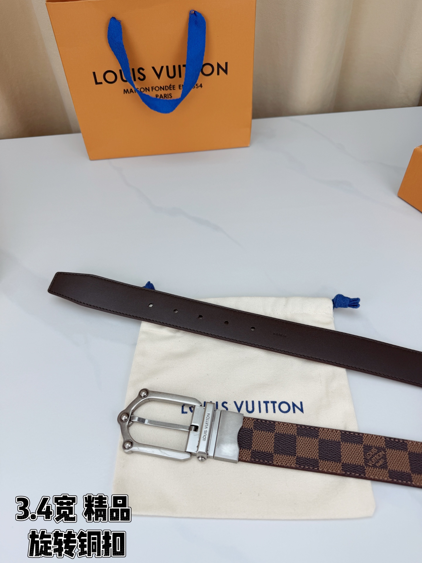 LV 3.4宽精品旋转铜扣腰带，棕棋盘格涂层帆布，复古格纹经典耐看；铆钉马蹄针扣金/银/古白/古金四色色可选，可旋转双面