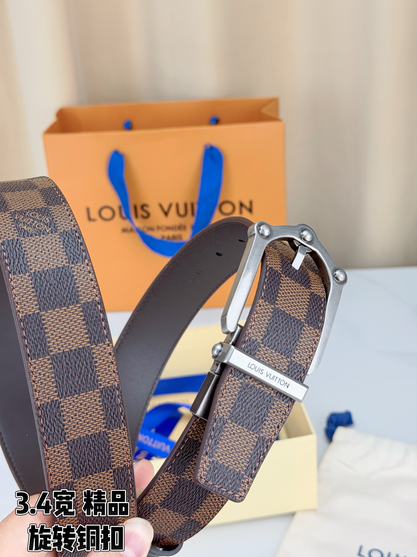 LV 3.4宽精品旋转铜扣腰带，棕棋盘格涂层帆布，复古格纹经典耐看；铆钉马蹄针扣金/银/古白/古金四色色可选，可旋转双面
