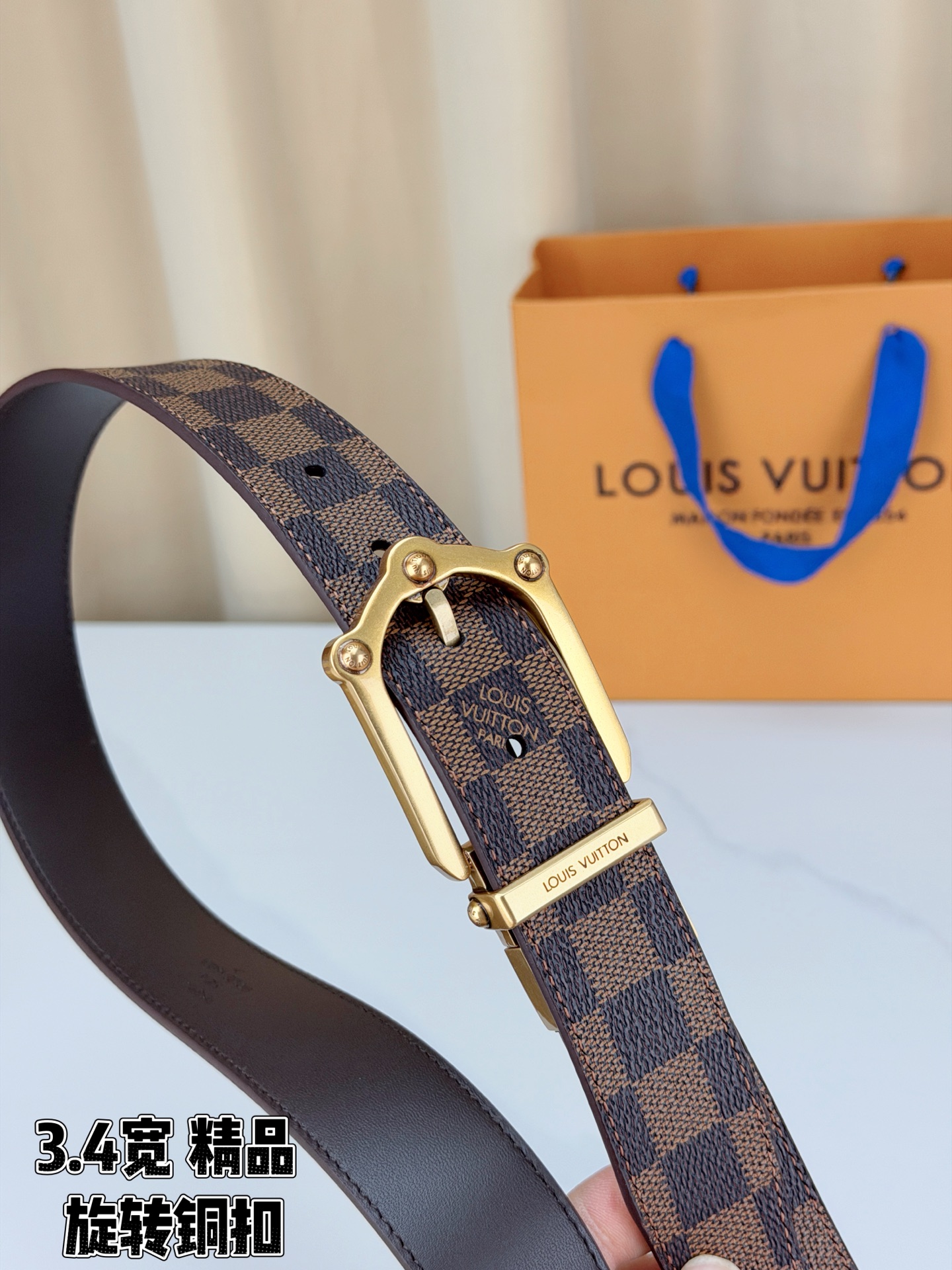 LV 3.4宽精品旋转铜扣腰带，棕棋盘格涂层帆布，复古格纹经典耐看；铆钉马蹄针扣金/银/古白/古金四色色可选，可旋转双面