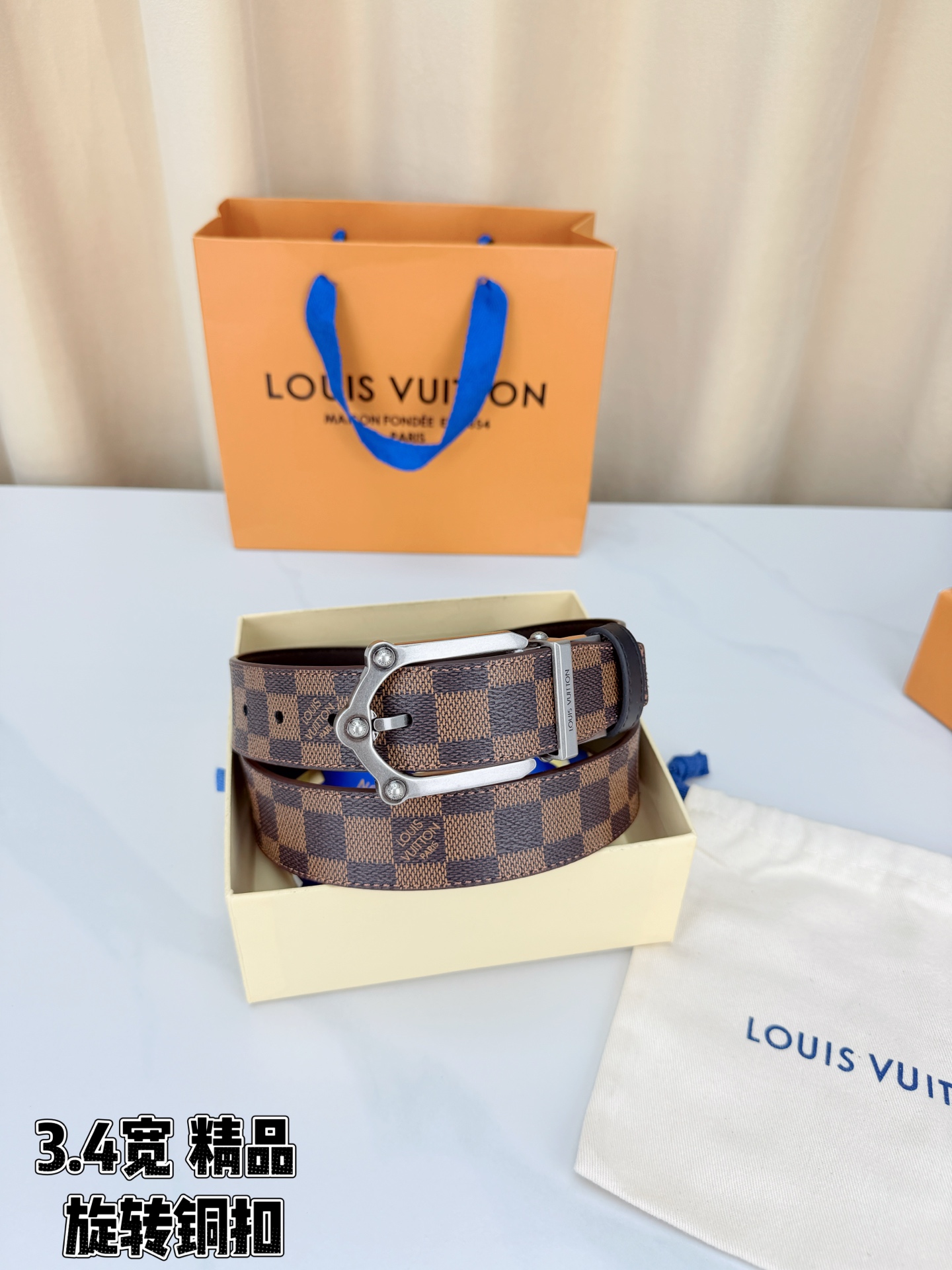 LV 3.4宽精品旋转铜扣腰带，棕棋盘格涂层帆布，复古格纹经典耐看；铆钉马蹄针扣金/银/古白/古金四色色可选，可旋转双面