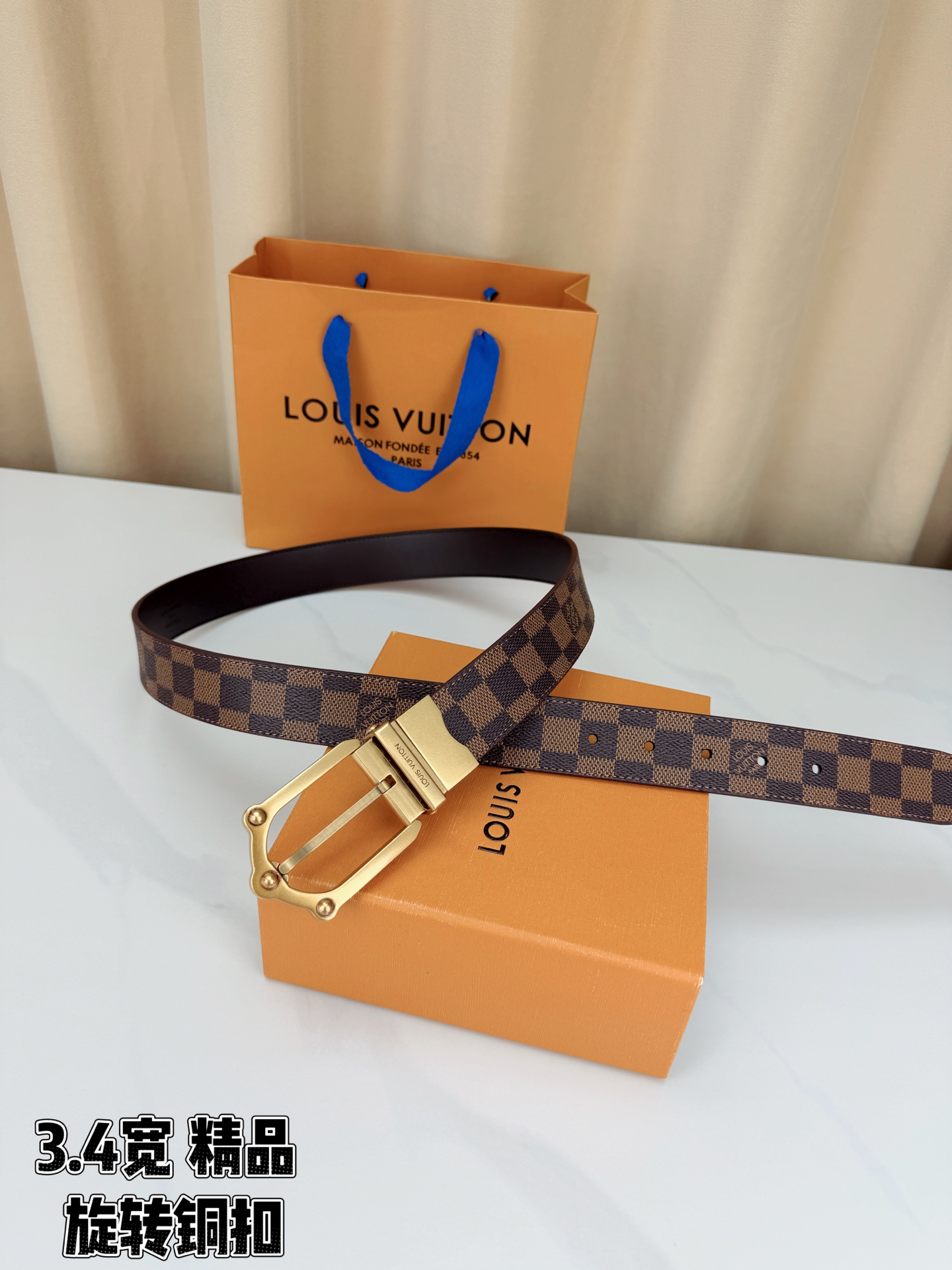 LV 3.4宽精品旋转铜扣腰带，棕棋盘格涂层帆布，复古格纹经典耐看；铆钉马蹄针扣金/银/古白/古金四色色可选，可旋转双面