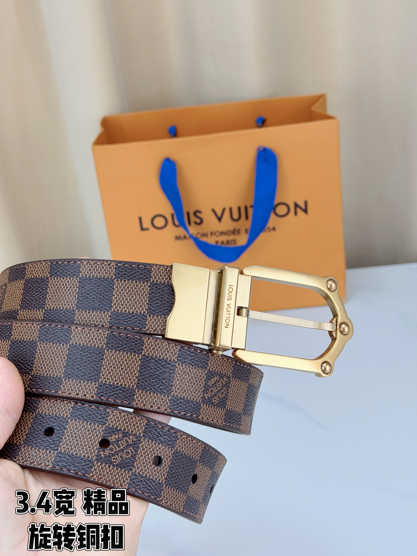 LV 3.4宽精品旋转铜扣腰带，棕棋盘格涂层帆布，复古格纹经典耐看；铆钉马蹄针扣金/银/古白/古金四色色可选，可旋转双面