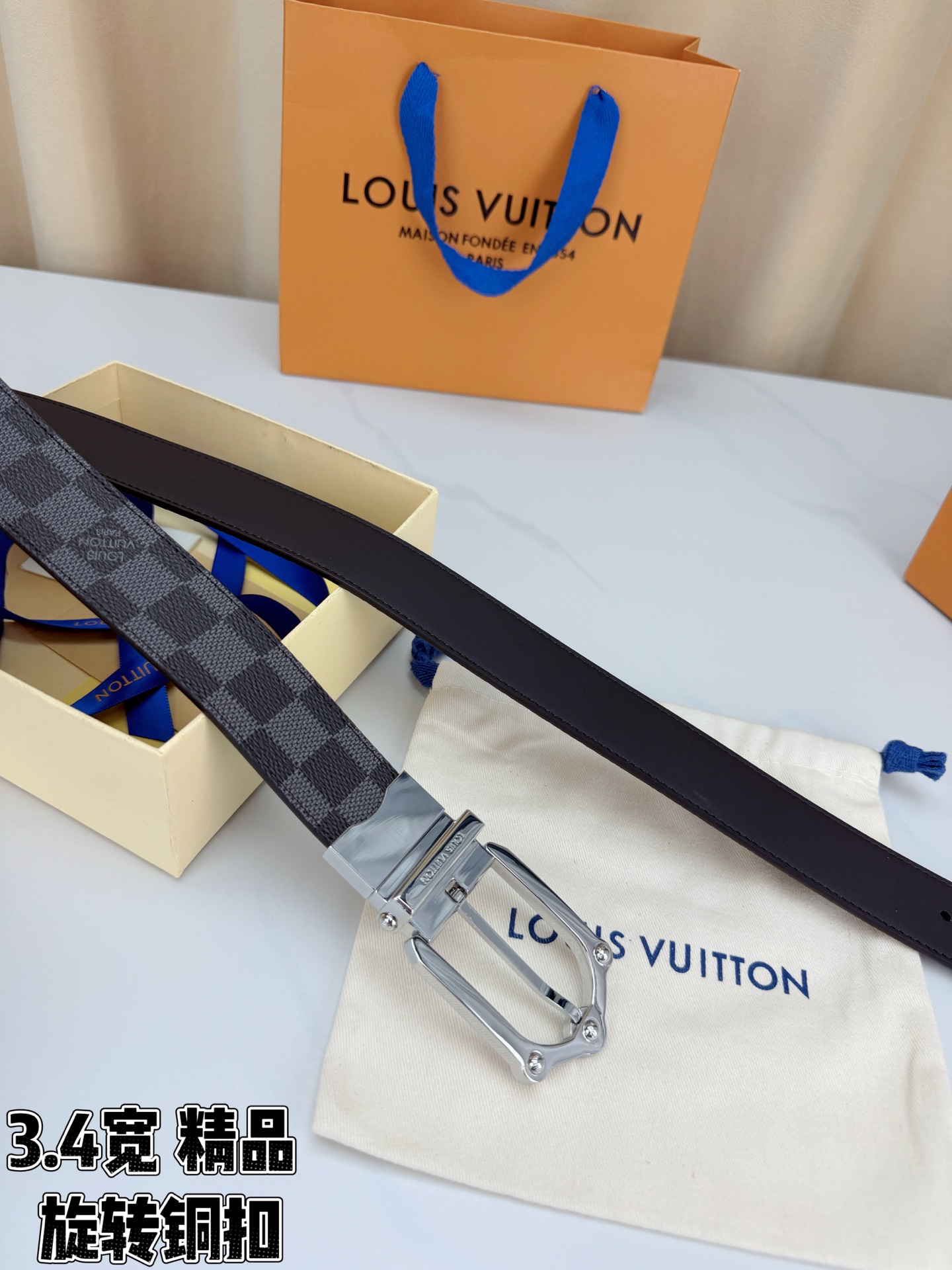 LV 3.4宽精品旋转铜扣腰带，黑色棋盘格涂层帆布，复古格纹经典耐看；铆钉马蹄针扣金/银/古白/古金四色色可选，可旋转双