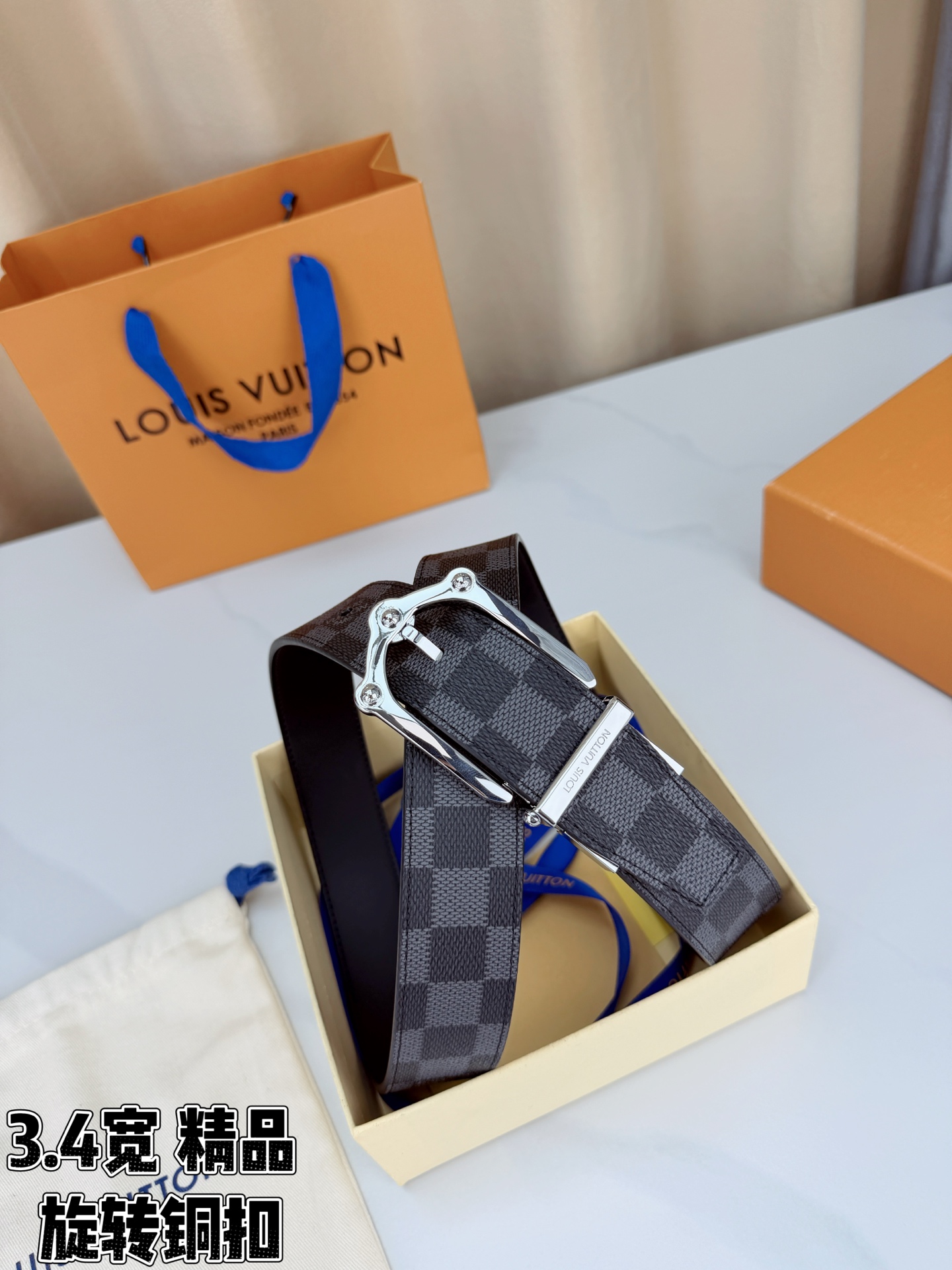 LV 3.4宽精品旋转铜扣腰带，黑色棋盘格涂层帆布，复古格纹经典耐看；铆钉马蹄针扣金/银/古白/古金四色色可选，可旋转双