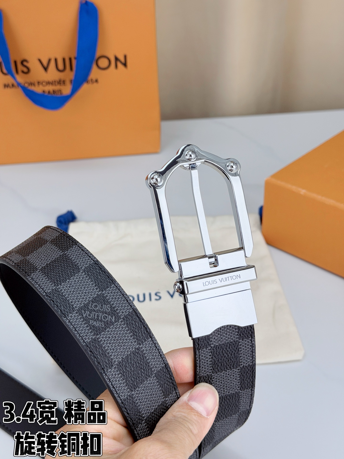 LV 3.4宽精品旋转铜扣腰带，黑色棋盘格涂层帆布，复古格纹经典耐看；铆钉马蹄针扣金/银/古白/古金四色色可选，可旋转双