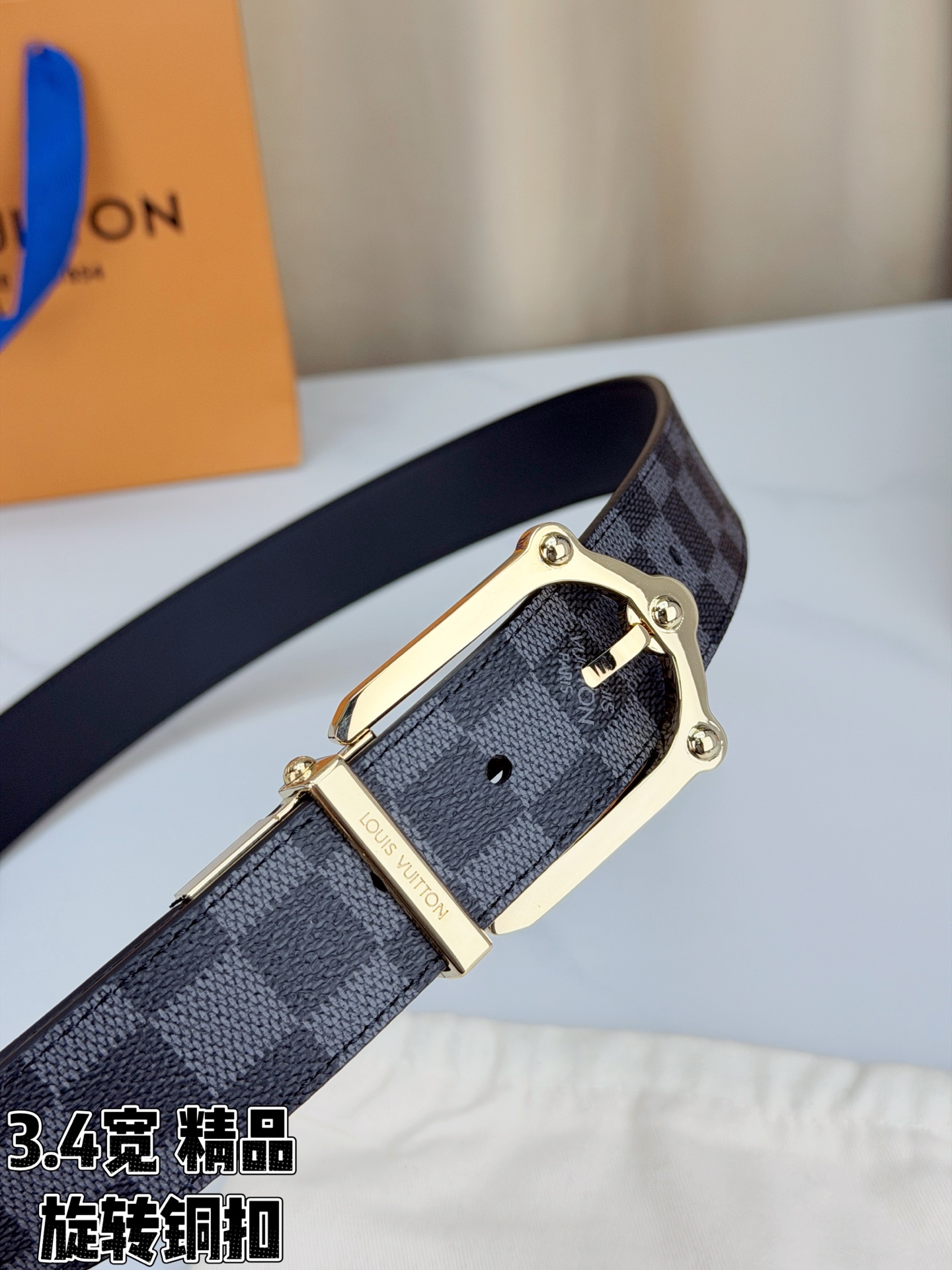 LV 3.4宽精品旋转铜扣腰带，黑色棋盘格涂层帆布，复古格纹经典耐看；铆钉马蹄针扣金/银/古白/古金四色色可选，可旋转双