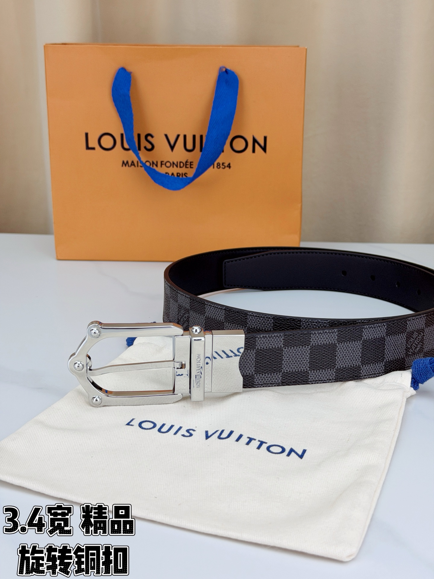 LV 3.4宽精品旋转铜扣腰带，黑色棋盘格涂层帆布，复古格纹经典耐看；铆钉马蹄针扣金/银/古白/古金四色色可选，可旋转双